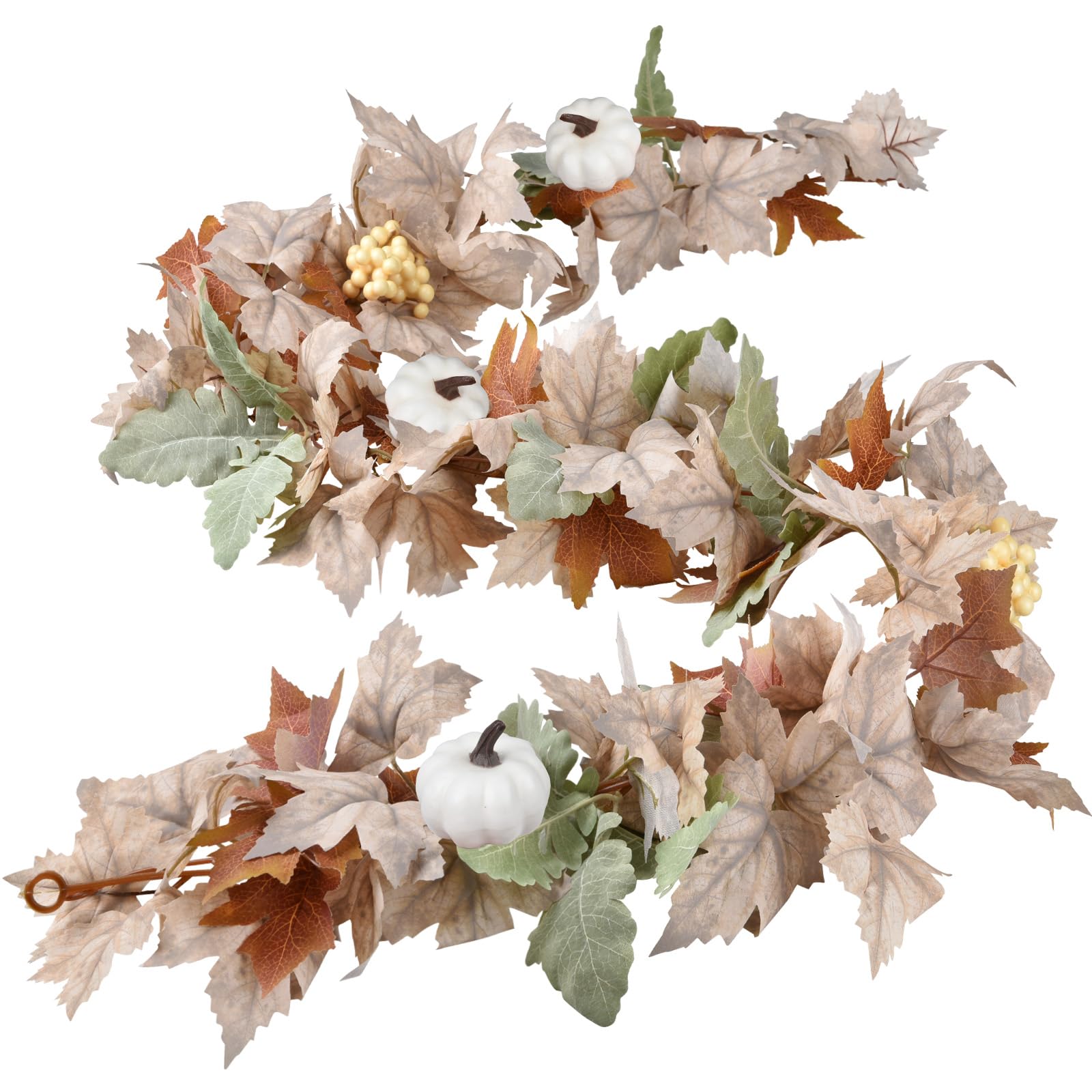 Lvydec Fall Maple Leaves Garland Decoration - 5.8ft Artificial Fall Foliage Garland with White Pumpkins Autumn Decor for Halloween Thanksgiving Home Table Decor (White)