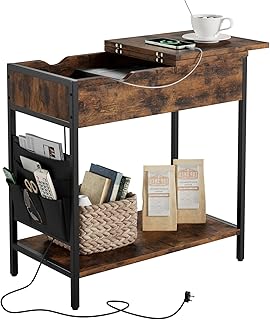 Nicehill Side Table with Charging Station, Narrow End Table with USB Ports, Outlets, Fabric Bags, Storage Shelf, Narrow Be...