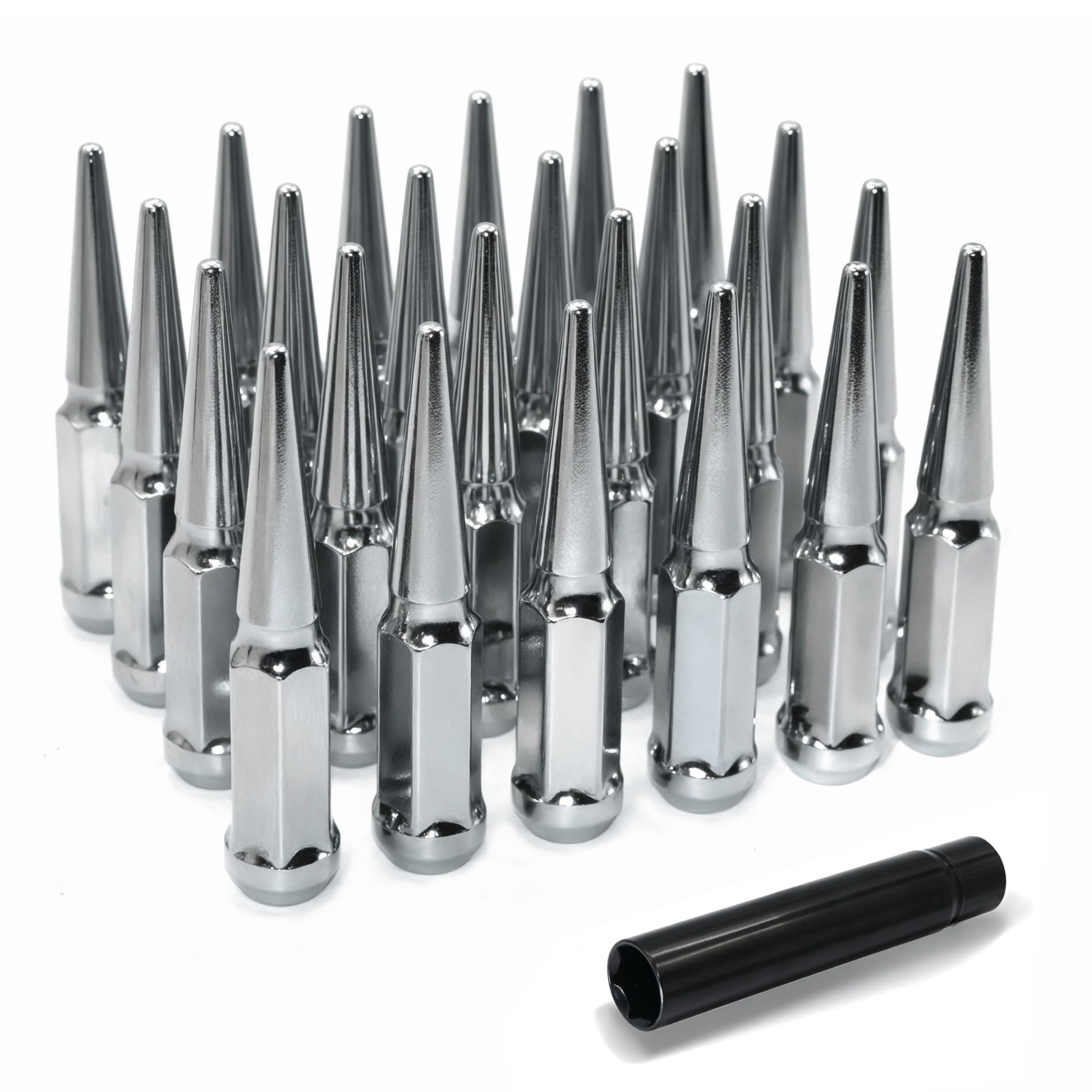 LUJIANI M14X2.0 Chrome Silver Wheel Spike Lug Nuts, 24 PCS Lug Nut Accessories with 1 Socket Key, Thread Spiked 4.4" Long Closed End Nuts Compatible
