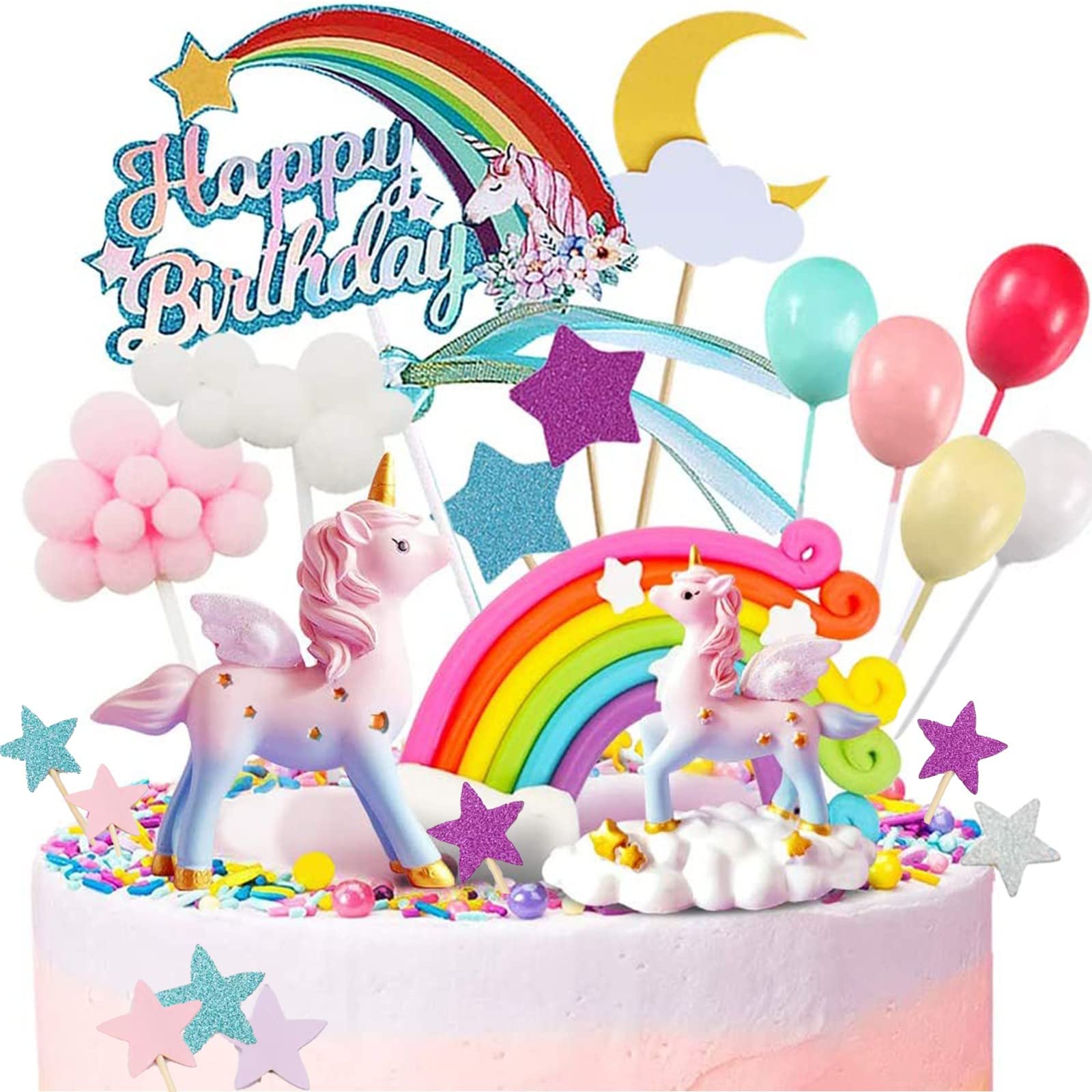 Sponsored Ad – 24 Pcs Unicorn Cake Topper Set, Stars Moon Cloud Rainbow Balloon Happy Birthday Banner Cake Decorations Cupcake Toppers for Girls Unicorn Birthday Party Supplies