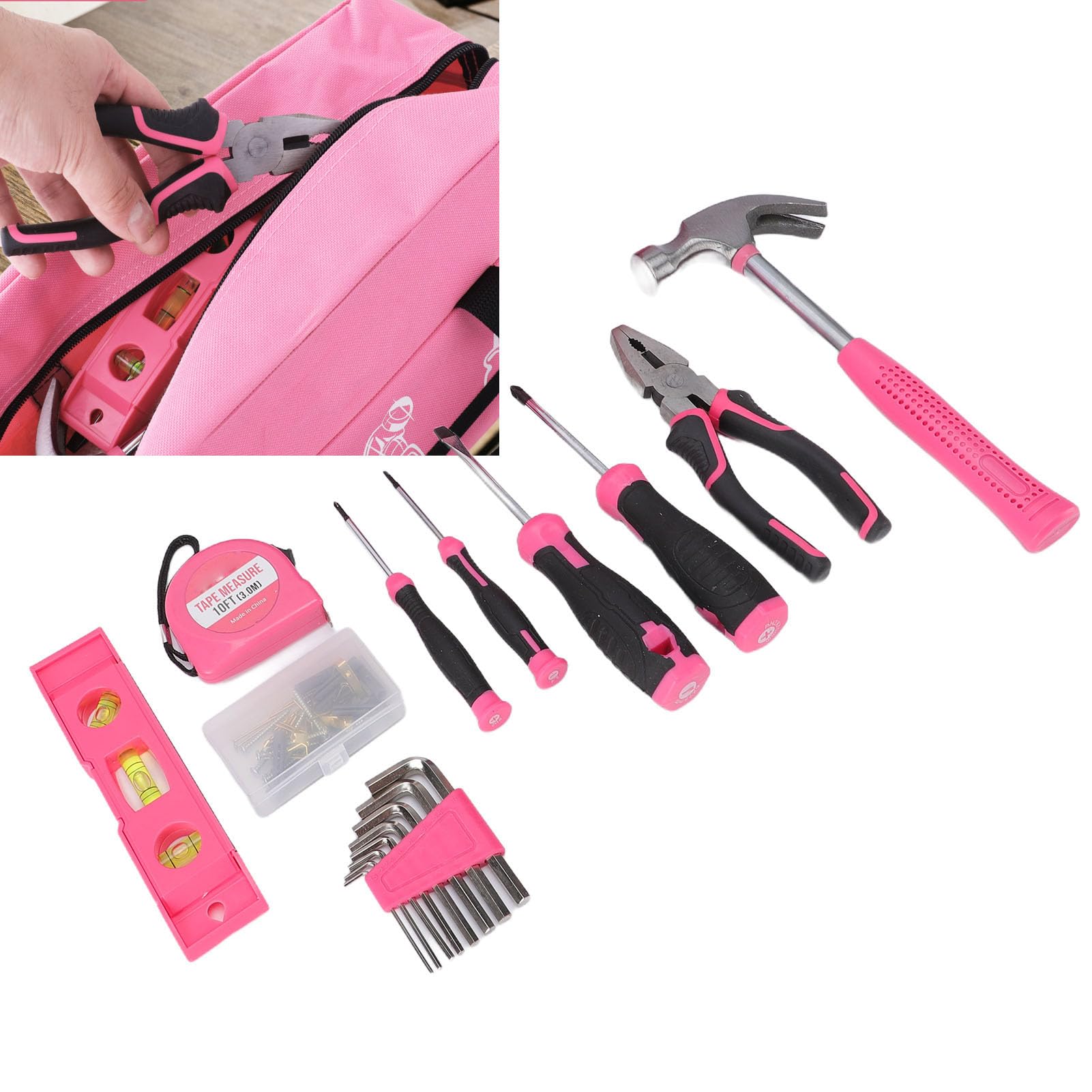 Kit de herramientas de reparación para el hogar para mujeres y principiantes, herramientas manuales completas, llave de martillo, hardware con caja de herramientas portátil,