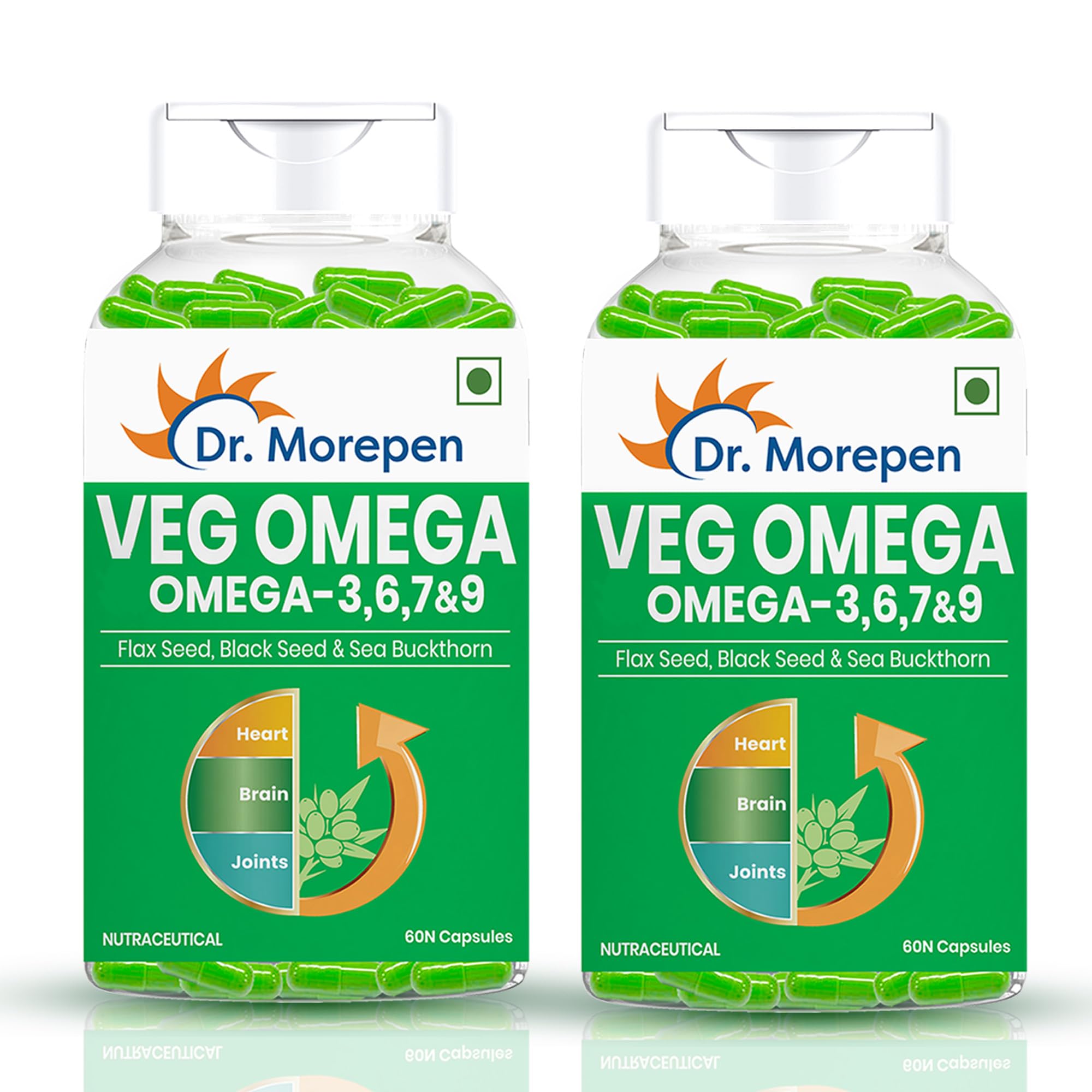 DR. MOREPEN Veg Omega 3 6 7 9 Capsules 500mg Flax Seed, Black Seed & Sea Buckthorn - 60 Veg Capsules Pack of 2