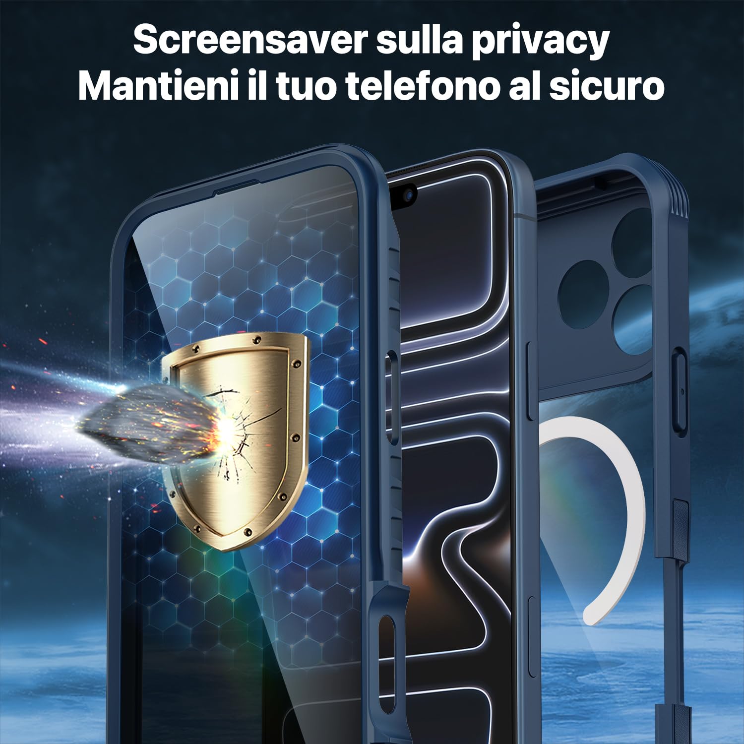 CENHUFO Magnetica Privacy Cover iPhone 17 Pro Max [Compatibile con Magsafe] Integrata Vetro Temperato Anti Spia Schermo e Protezione Fotocamera, Custodia Antiurto 360 Gradi Doppia Faccia Case -Blu