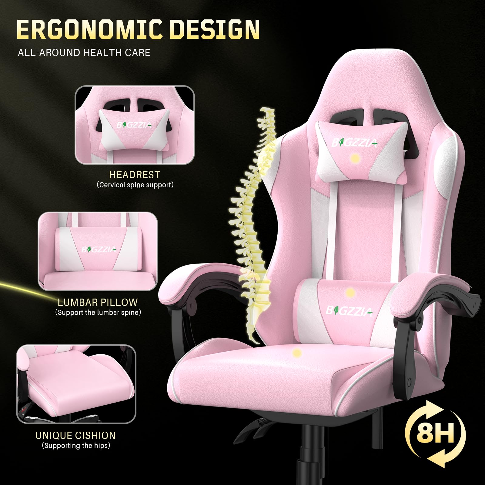 bigzzia Silla Gaming,Silla Ergonómica de Oficina en Cuero PU,Regulable en Altura con Soporte Lumbar y Reposacabezas,Respaldo Reclinable 155°,Silla Gamer Adulto Niño(Rosado)