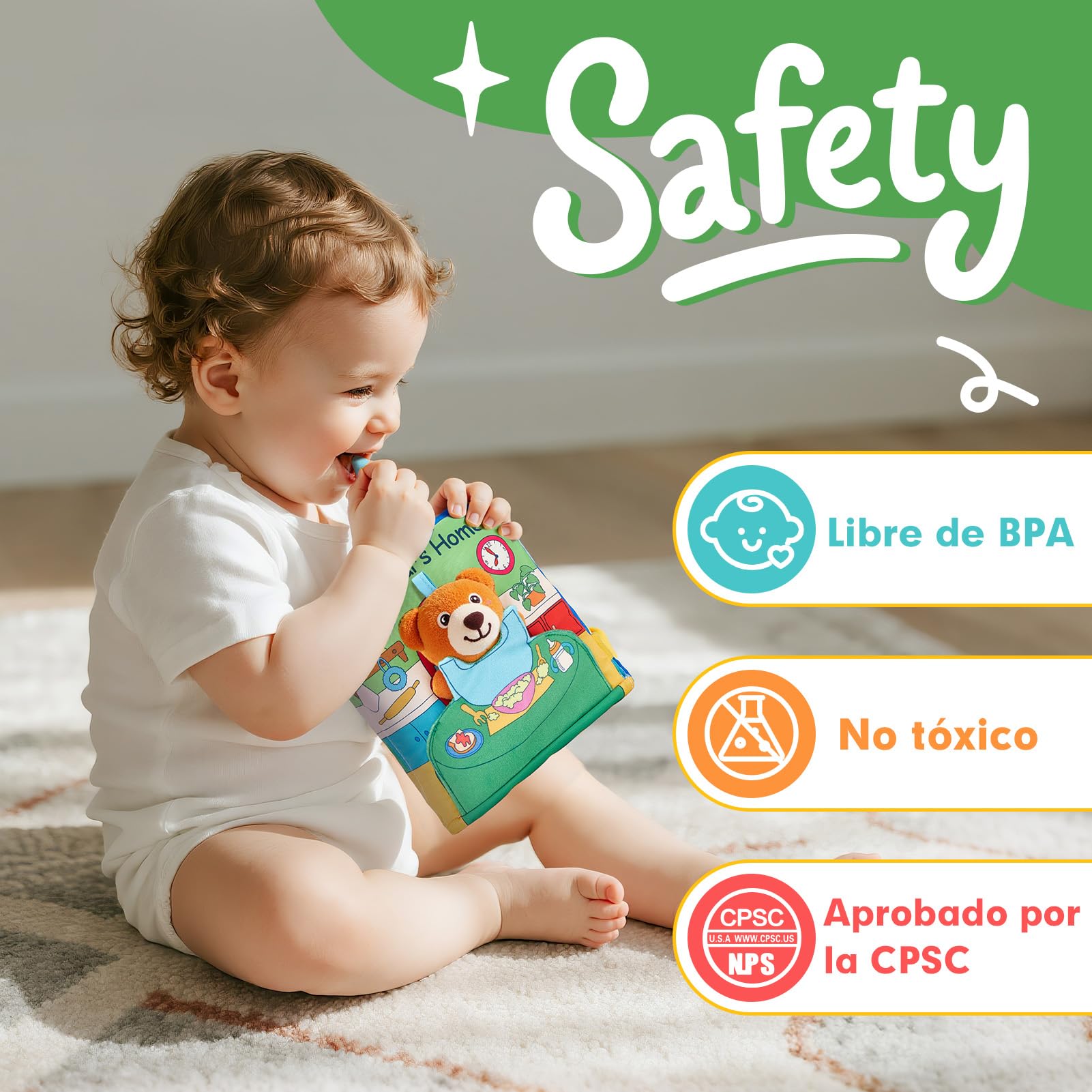 hahaland Libro Bebe Interactivo Juguetes Bebes 0 3 6 Meses, 3 en 1 Libro de Tela Blandos para Bebe Recien Nacido, Libro Sensorial Suave de Actividades - Tummy Time Regalos Bebes 1 Años