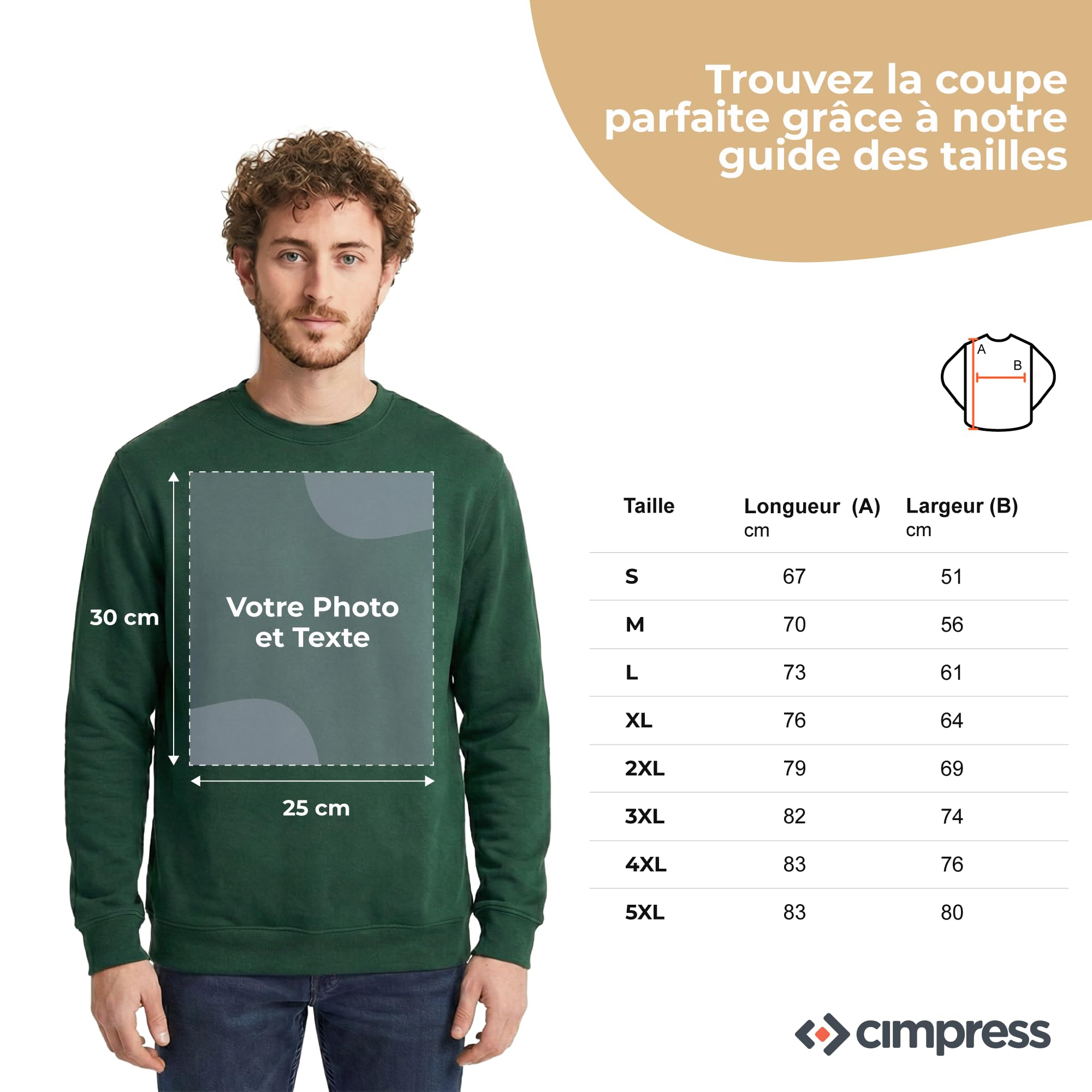 Cimpress Sweat Personnalisé Homme, Tailles S à 5XL, Personnalisable avec Photo, Logo ou Texte, Col Rond avec Impression sur Le Devant, Idéal pour Équipes, Cadeaux, Événements ou Tenues d’Entreprise