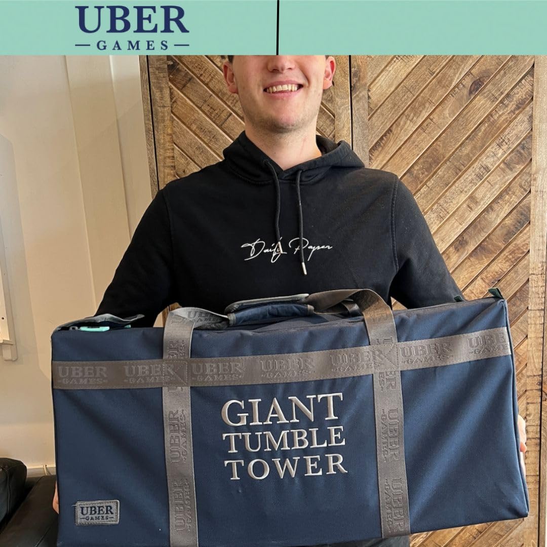 Ubergames Torre gigante tambaleante de hasta 160+ cm XXL Jumbo Hi-Tower en bolsa – 1,6 m (máximo en el juego). Juego de torre de madera de pino macizo - Bloques extra de lujo y bolsa (hasta 160+ cm)