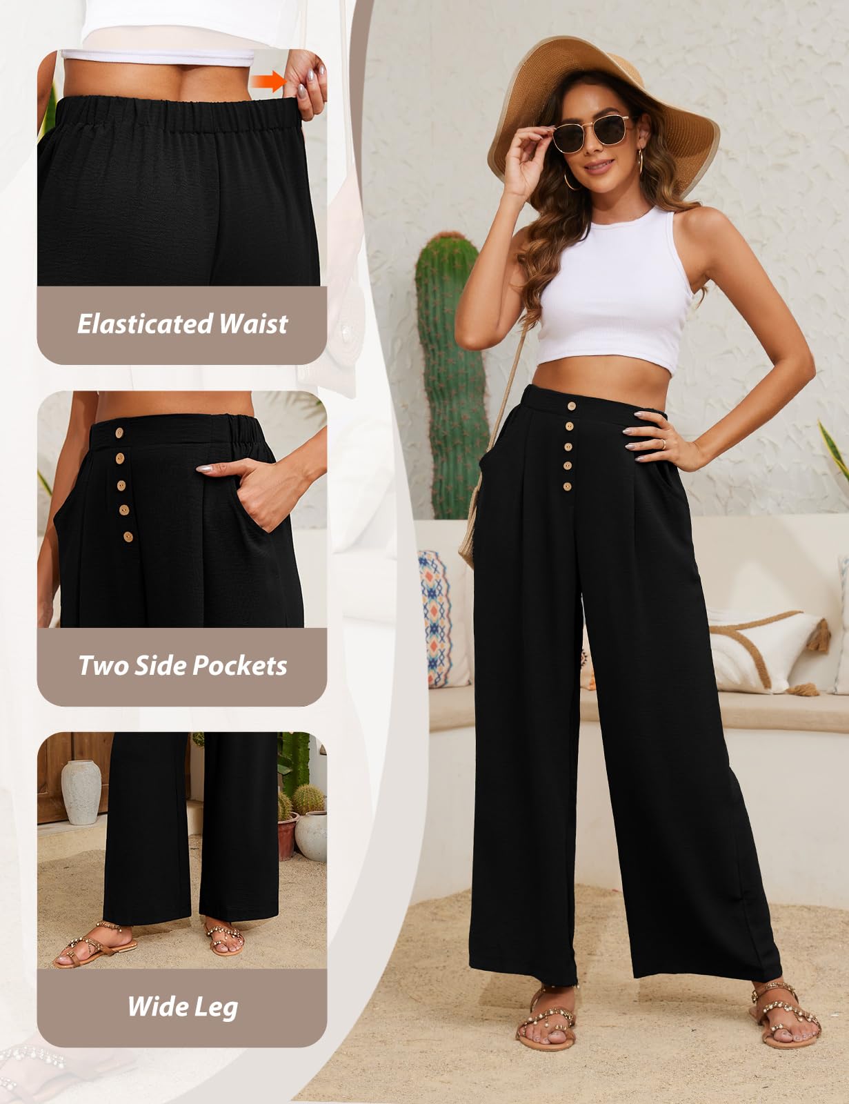Heekpek Pantalon Large Fluide pour Femmes - Détente Léger d'Été Palazzo à Taille Haute avec Boutons - Causal à Taille Élastiquée