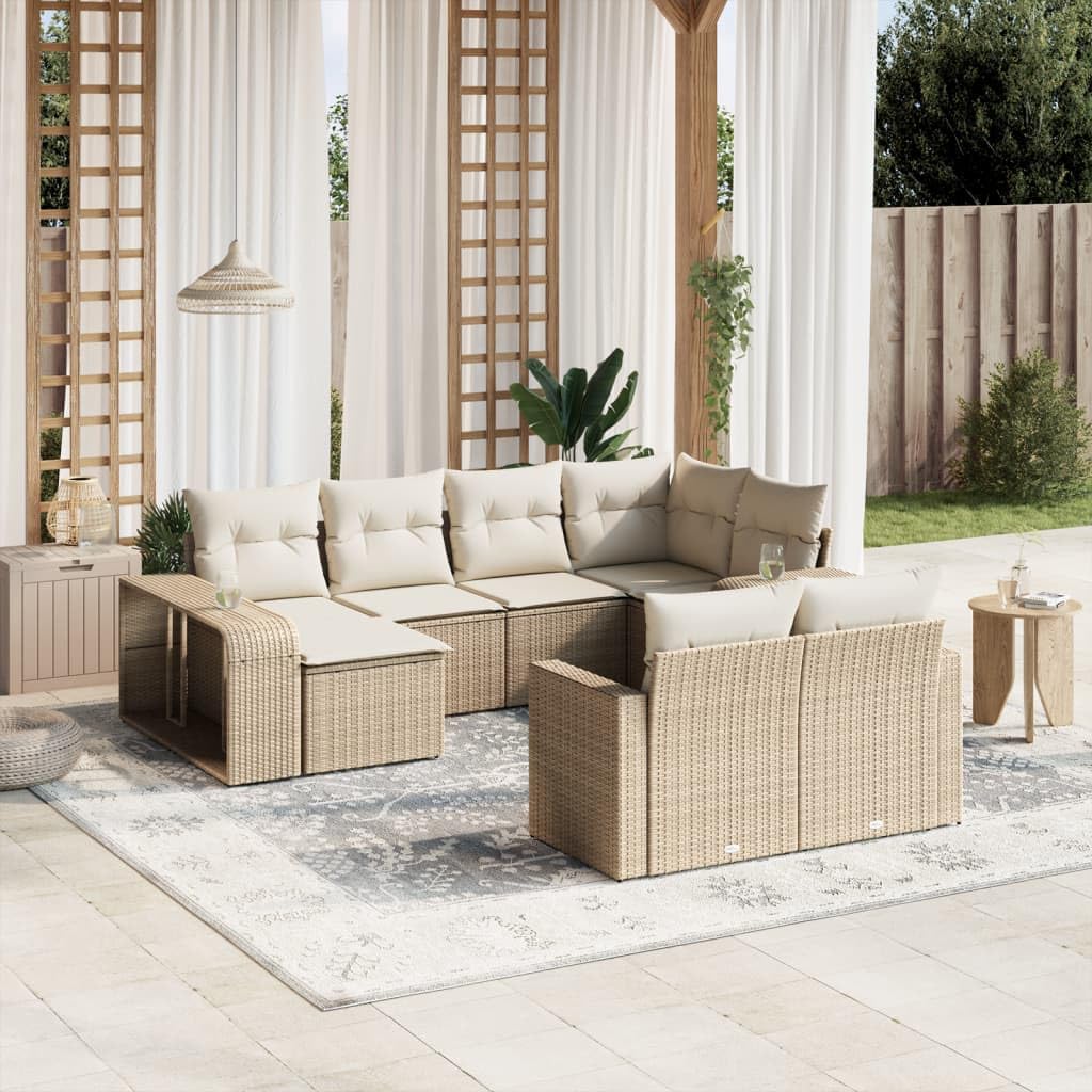 Set Divano da Giardino 10 pz con Cuscini Beige in Polyrattan, Set Giardino Esterno, Divano da Giardino, Salotto da Esterno, Set da Giardino, Arredo Giardino