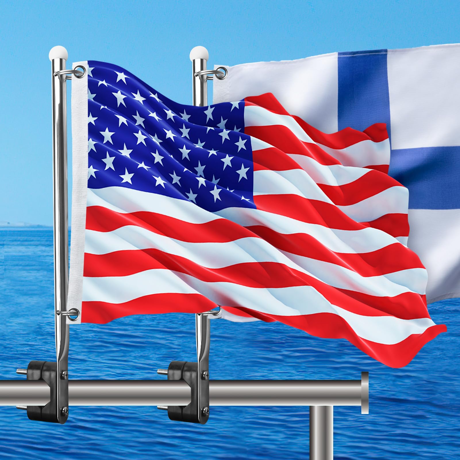 2 Pcs Universal Rod Holder Boat Flag Pole, Stainless Steel Clamp on Boat Flag Pole Kits Rail Mount Without Drilling (Without Flag)