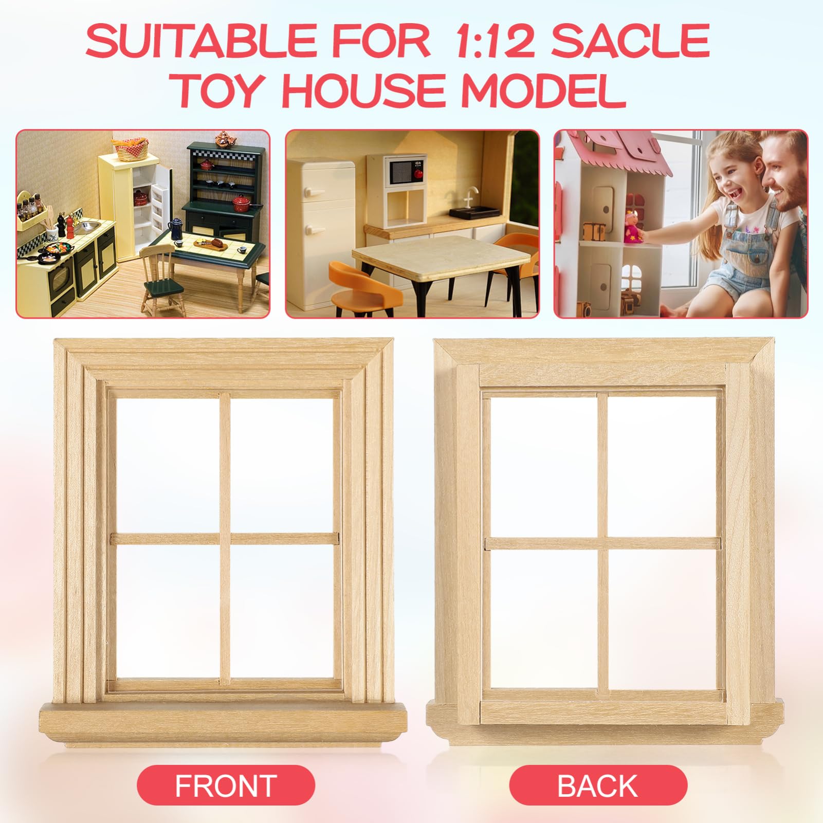 NUOBESTY 4-Grid Miniature Dollhouse Window Frames Birchwood Doll House Accessories Tiny Room Decoration, Beige, 9.8cm x 8.6cm x 2.3cm - Image 3