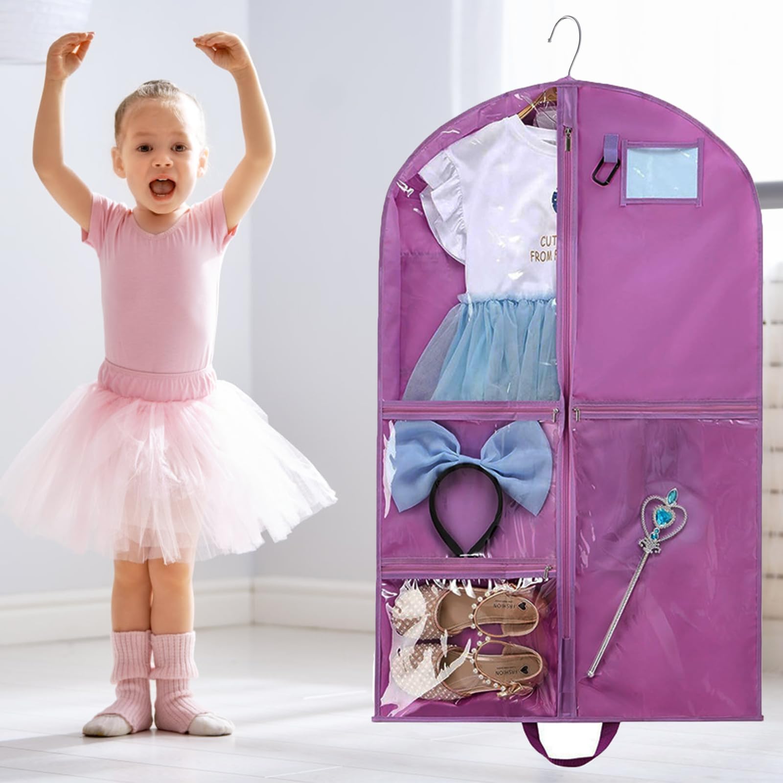 Niviy Kinder kleidersack mit 5 Reißverschluss Taschen Faltbare Reisen und Aufbewahrung Hochwertige Kurz Anzugtasche für Herren Anzug Kinder Wettbewerbe-Kostüme Jacke Kleider schutzhülle 100X60 cm Lila Küche, Haushalt & Wohnen