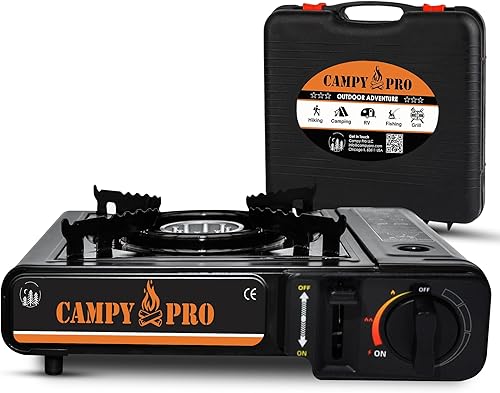 Estufa de gas butano portátil con encendido automático y estuche de transporte, estufa compacta para acampar, senderismo, cocina al aire libre y uso