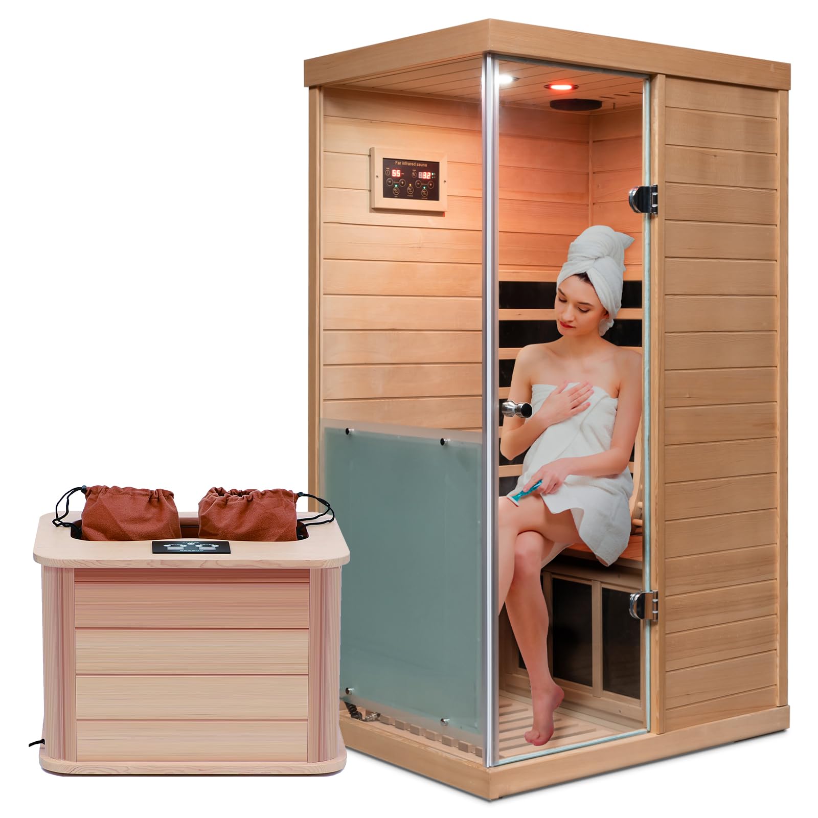 LTCCDSS Infrared Sauna, 1 Person Far Infrared Sauna for Home, with 1060W Indoor Sauna with Bluetooth Speakers, LED Reading Lamp, Red Lamp, 2 Tempered Glass Door, Hemlock Wood Sauna Room Left Door