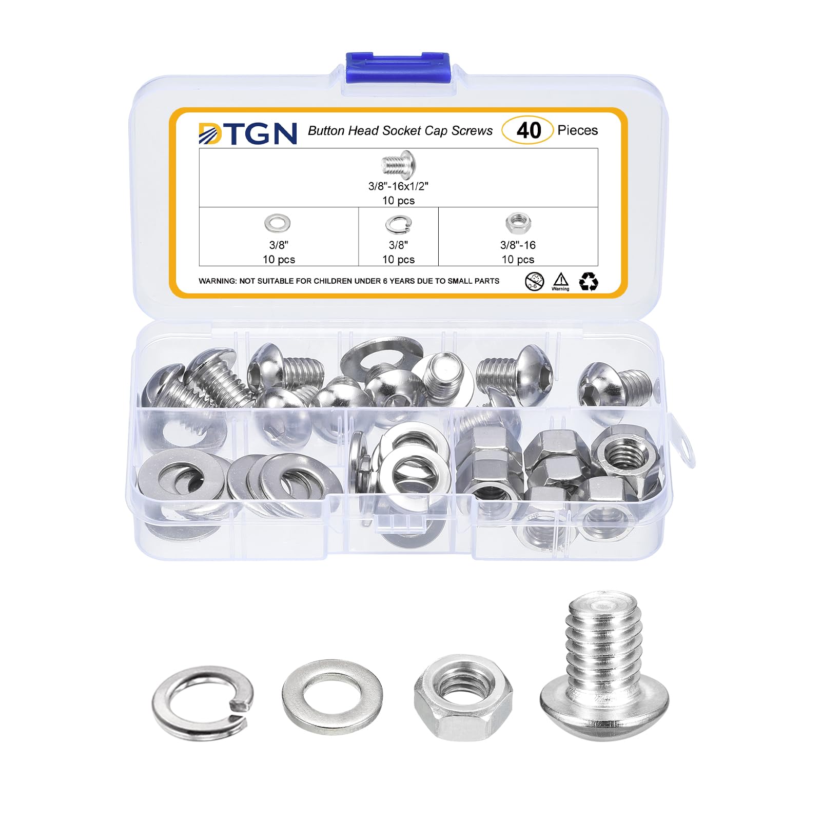 DTGN 40Pcs 3/8-16x1/2" Button Head Socket Cap Screws, 304 Stainless Steel Bolt Nut Set Washer Assortment Kit