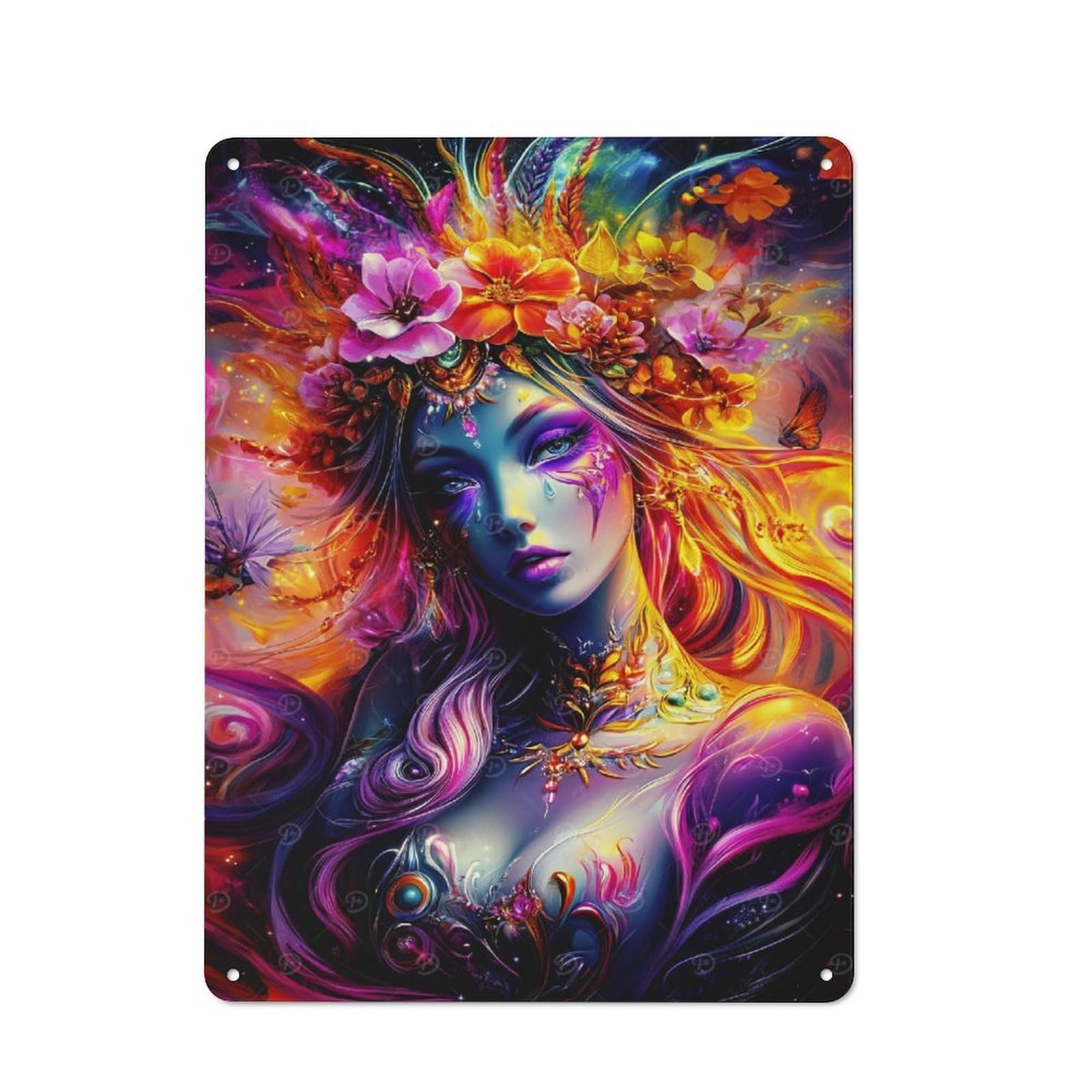 Junmoney Style-20 Fantasy Woman With Flowers Tin Sign 40X30cm For Workshop Wall, Retro Wall Decor, Suited To Metal Sign Collectors