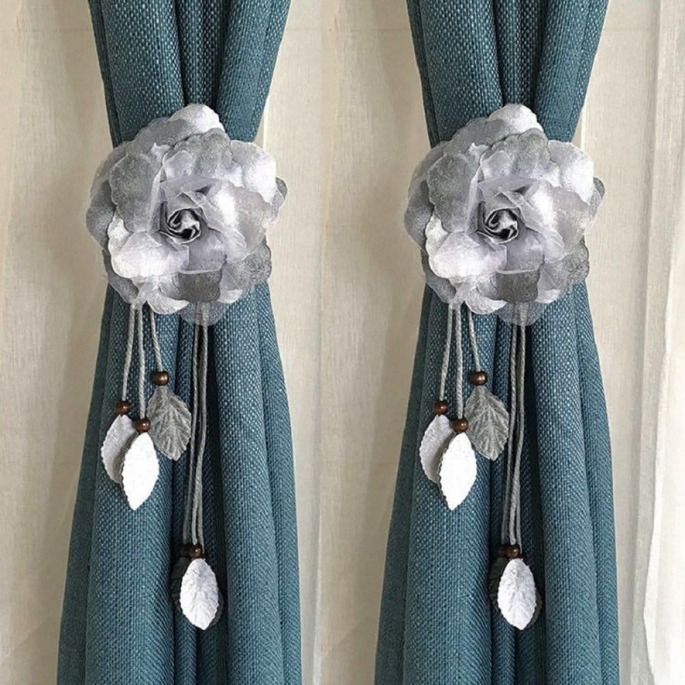 Alzapaños de cortina grises con cuerda para ventana y lazos de flores decorativos OUdini