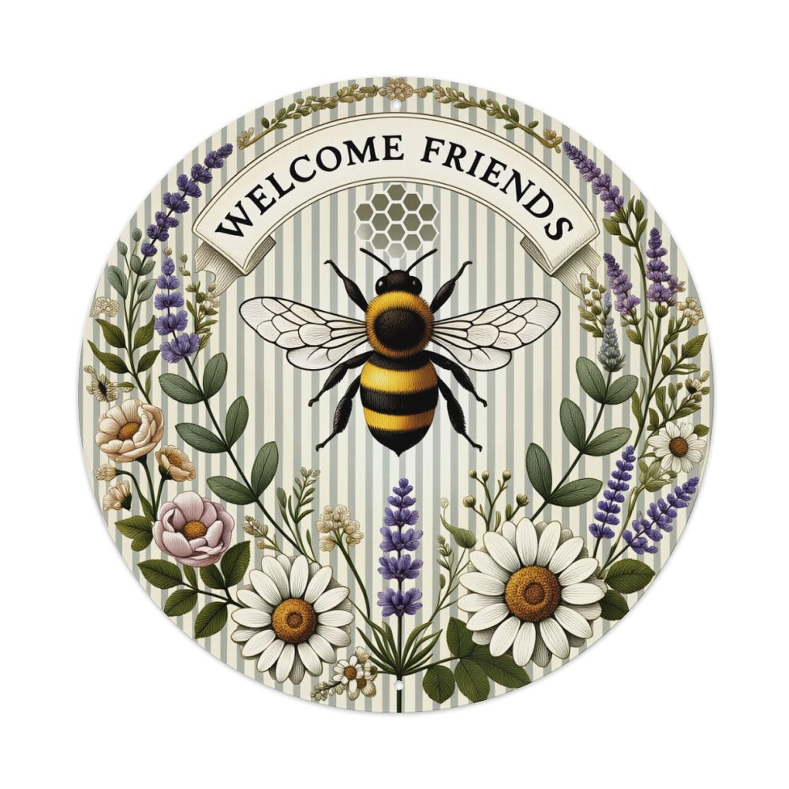 Bee Floral Wreath Welcome Friends Round Tin Sign Vintage Metal Poster, Home Bar Garage Man Cave Cafe Indoor & Outdoor Wall Decoration 8x8Inches