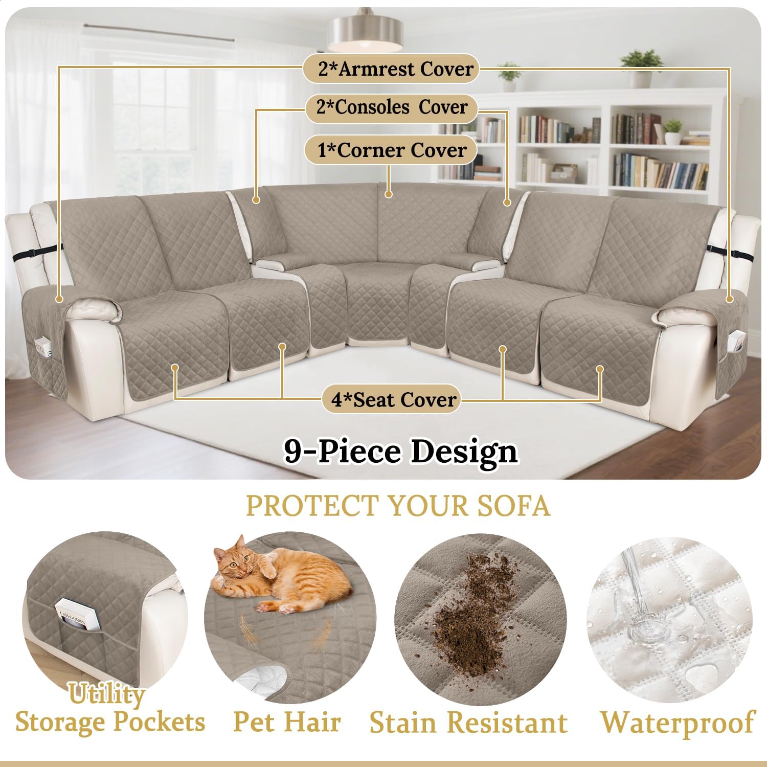 HDCAXKJ 100% Waterproof Velvet Recliner Sectional Couch Covers L Shaped Corner Reclining Sofa Cover Washable Thick Non Slip Sectional Slipcover with Pockets (5 Seat and 2 Middle Console, Khaki)