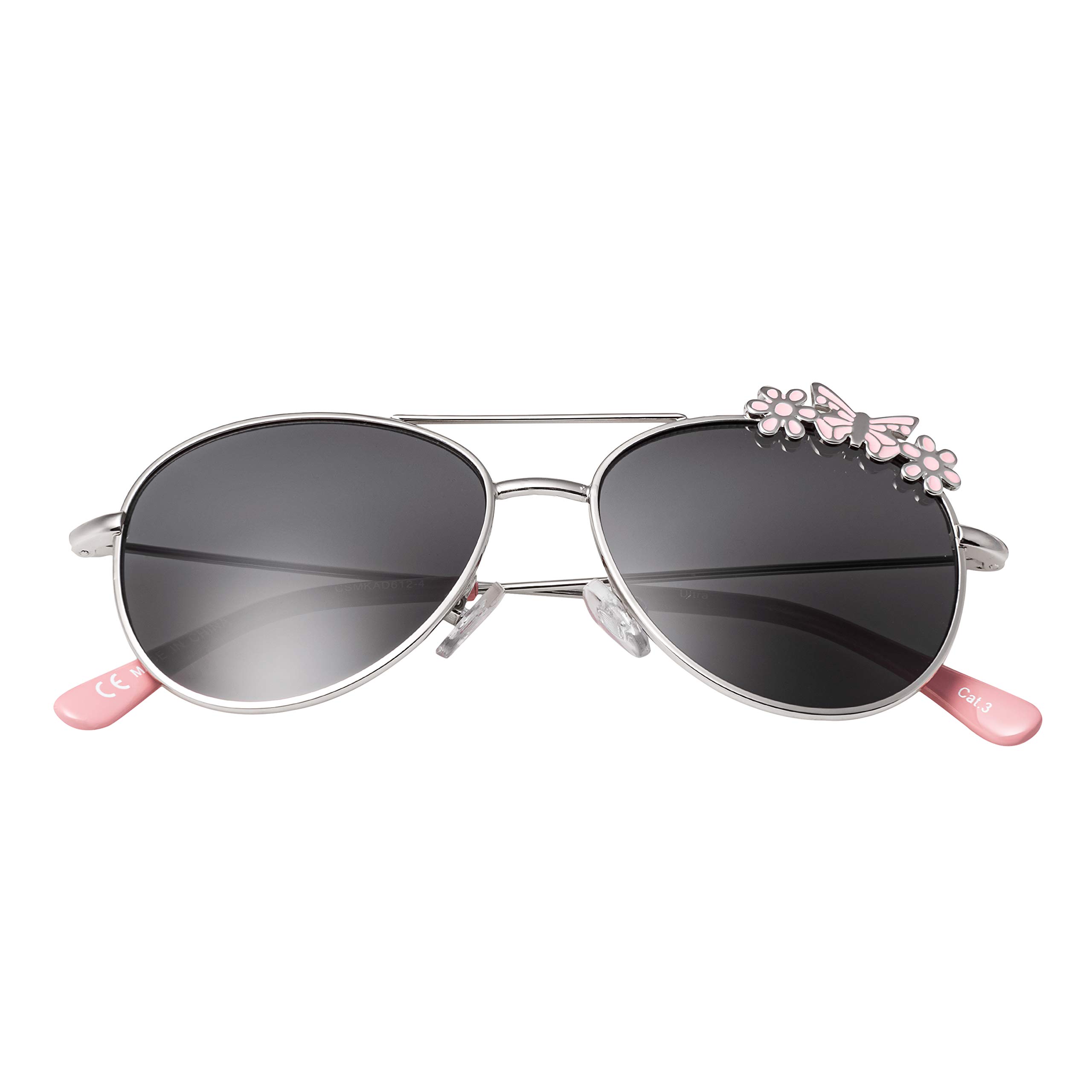 Ultrabyeasypeasystore Boys Silver Frame With Pink Butterflies Ultra - Kids Sunglasses Uv400 Protection - Pilot Style Children's Sunglasses For And Girls Ages 3-9 - Lightweight Retro Metal Frame - Silver With Pink Buttefflies