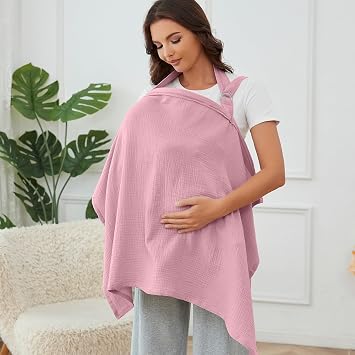 Muslin Nursing Cover for Baby Breastfeeding, Breathable 100% Cotton Breastfeeding Cover with Rigid Hoop for Mother Nursing Apron Bold Blush