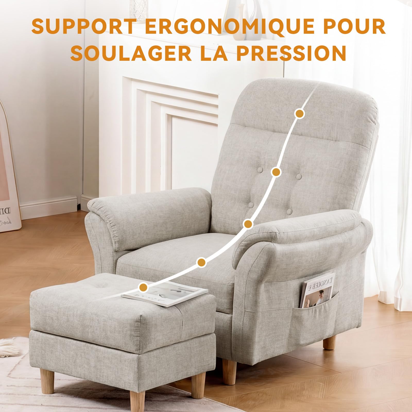 COMHOMA Fauteuil de Relaxation, Fauteuil Inclinable avec Tabouret, Dossier 4 Niveaux Réglable, Poche latérale, Fauteuils Rembourré Sac à Ressorts Simple Salon Chambre Cinéma, Chenille, Beige