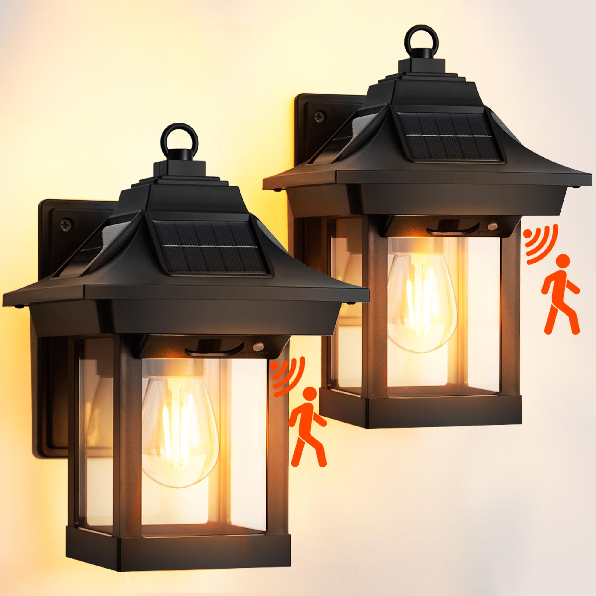 2 Pack Solar Wall Lanterns Outdoor, Motion Sensor Dusk to Dawn Outdooor Lighting with Bulbs, IP65 Waterproof Porch Lights Exterior Lighting Fixtures Wall Sconce Lanterns, Black