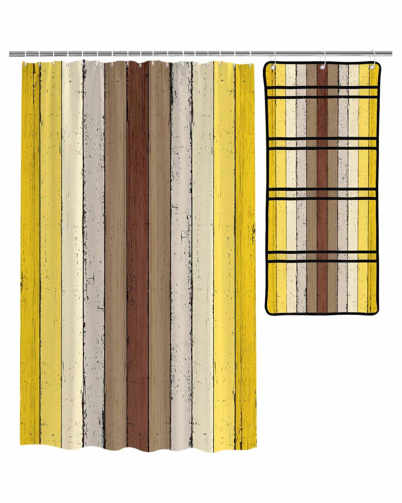 Decorative Shower Curtain Sets Vintage Wood Grain Polyester Fabric Waterproof Bath Shower Curtains Modern Wood Grain Yellow Mesh