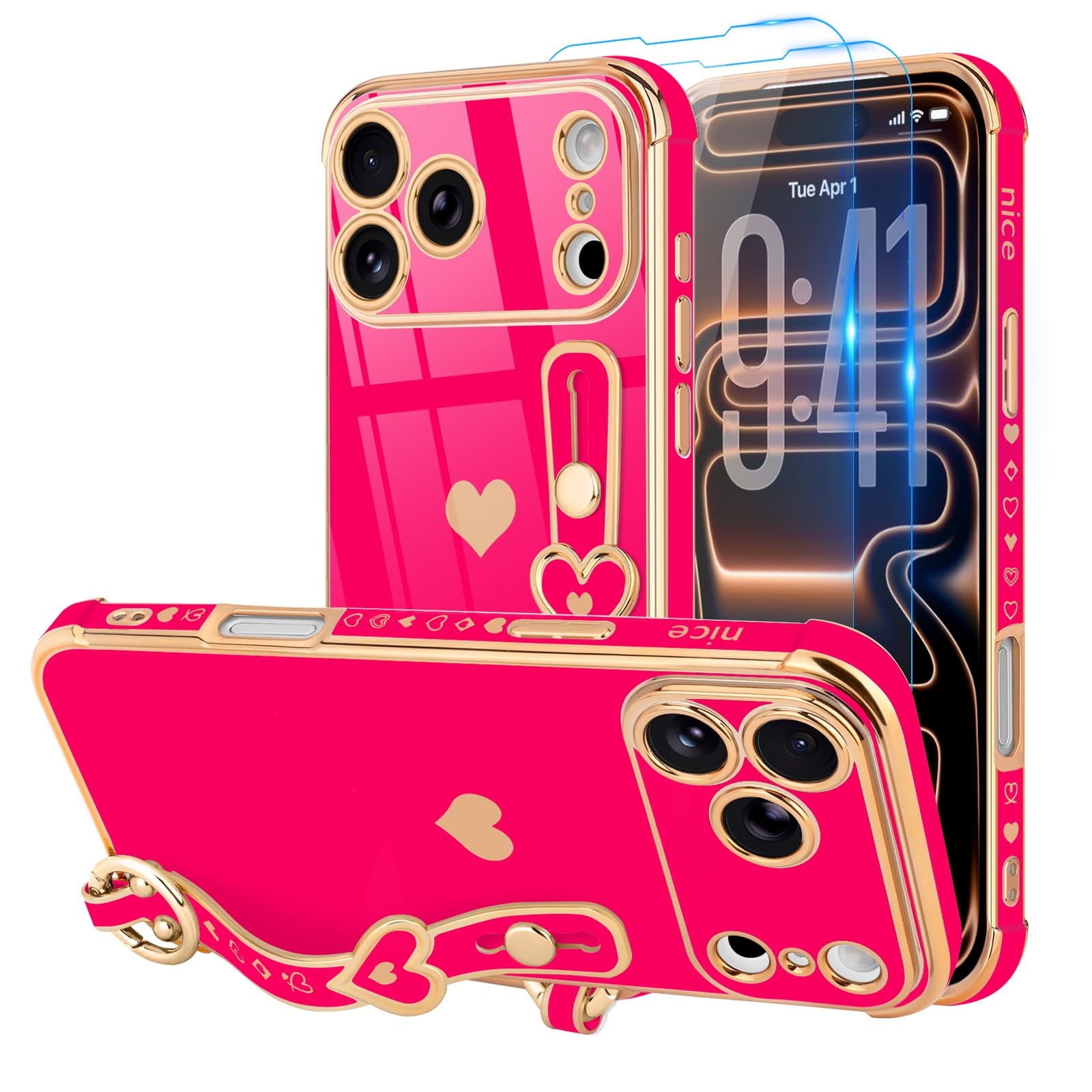 for iPhone 17 Pro Max Case, Wristband Kickstand Plating Edge Cute Heart with 2× Screen Protectors Phone Case, Adjustable Hand Strap Stand Shockproof Cover for Girls Women, Hot Pink