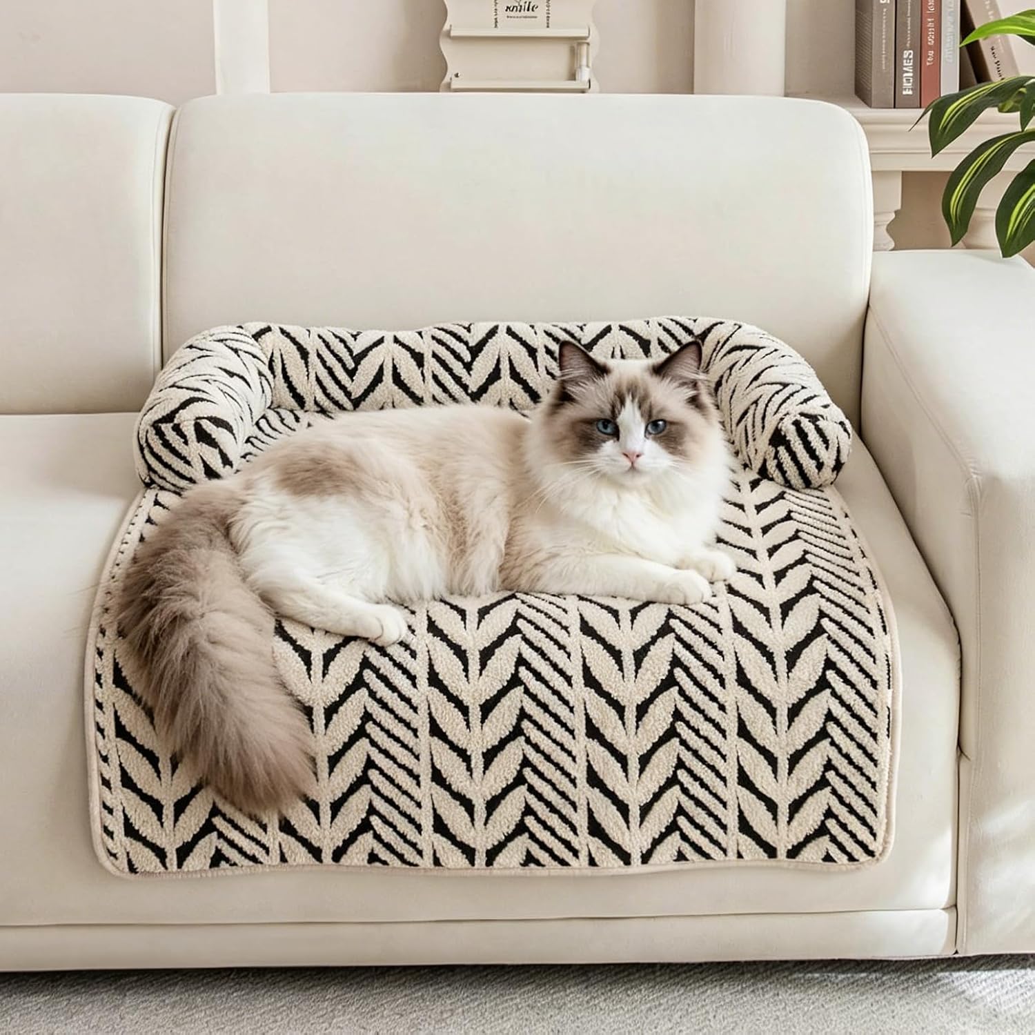 Cat Bed Blanket with Pillow, 31.5''x35.5'' Washable Pet Sofa Cover, Couch Protector Pet Blanket Cat Mat, Non-Slip Furniture Protector Mat (Black & White Leaf-Patterned)