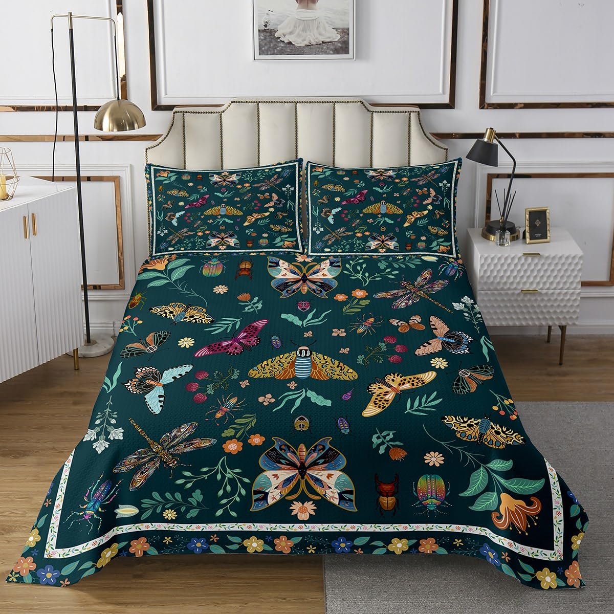 jejeloiu Floral Bedspread Twin Size Boys Girls Vinatge Botanical Green Butterfly Coverlet Set for Kids Retro Boho Flowers Quilted Coverlet Blossom Dragonfly Room Decor Soft
