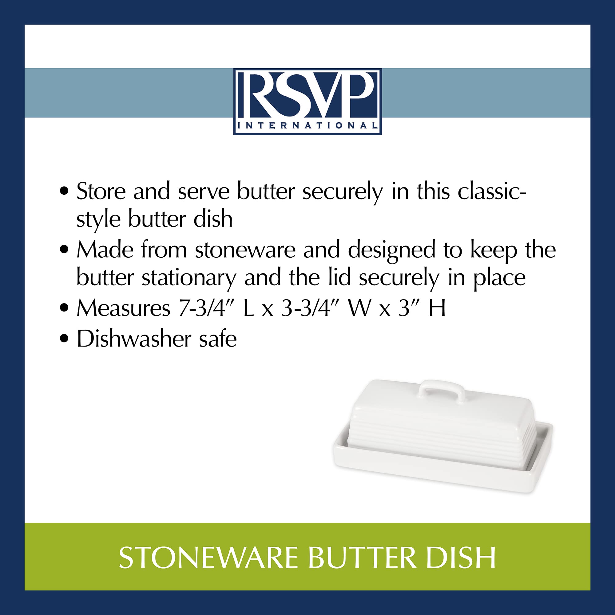 RSVP International Beurrier en grès avec couvercle pour comptoir de cuisine et table, 19,7 x 9,5 x 7,6 cm, blanc