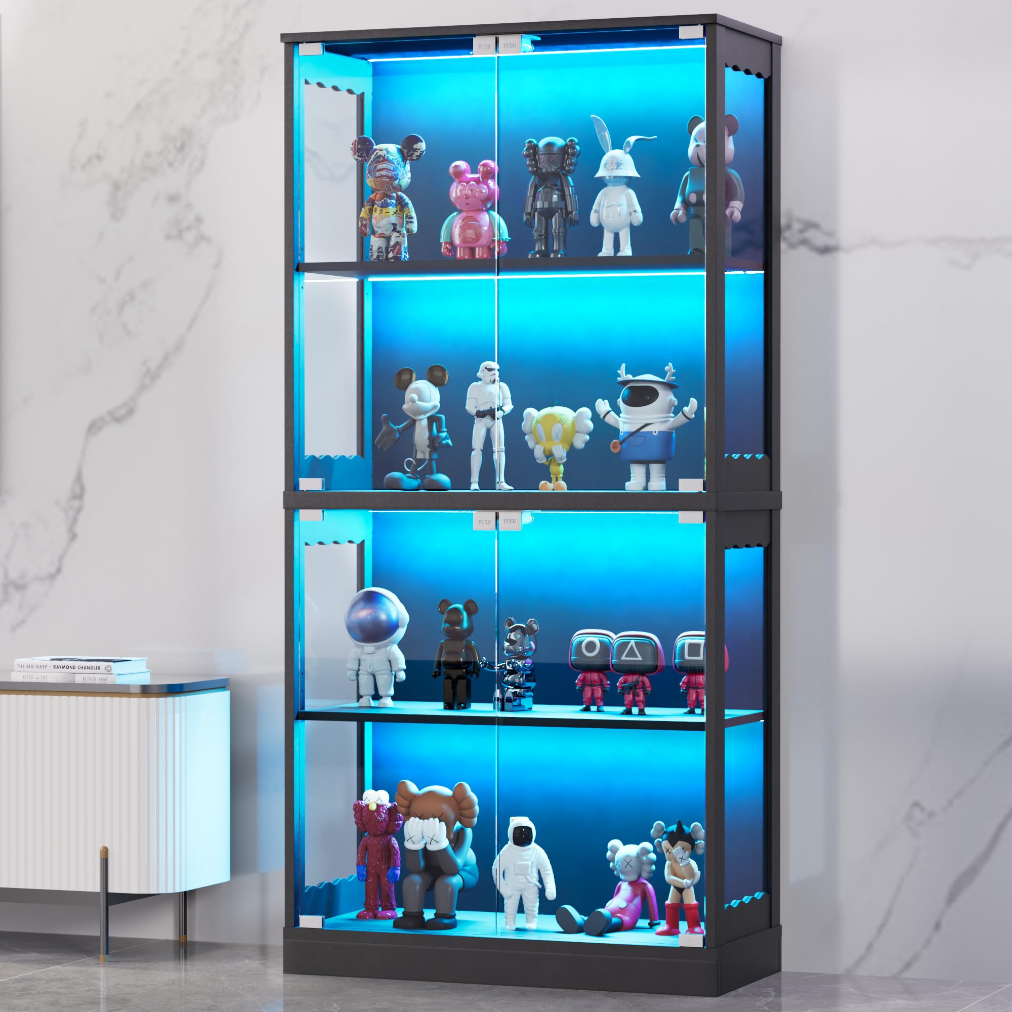 TEROL Display Cabinet with Glass Doors, 63” 4-Tier Wood Display Case with RGB Lights for Collectibles, Tall Curio Cabinet Anti-Tipping with Adjustable