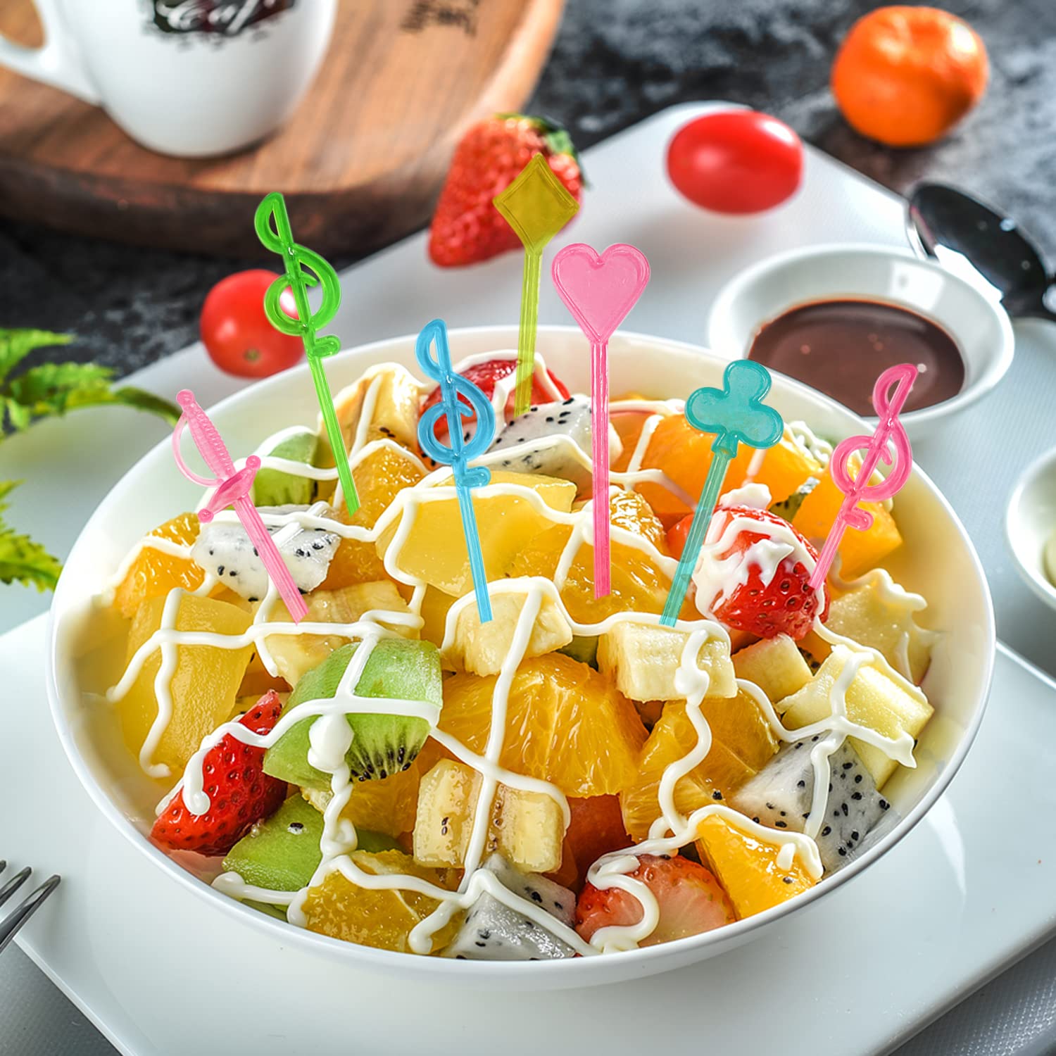 100 Forchette Da Frutta In Plastica - 4 Stili: Cuore, Carte, Musica, Spada - Foto 6