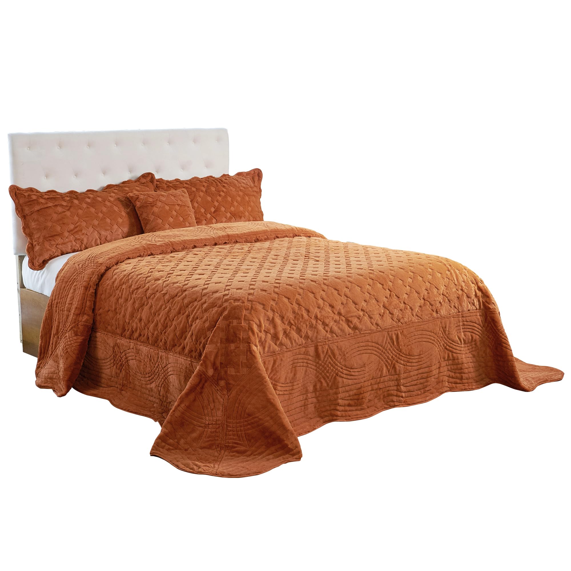 Oversized King 4 Piece Faux Fur Quilted Tatami Bedspread Bedding Set, Soft Plush Warm Breathable Durable Quilt Coverlet Set with Matching Shams Pillows, 120" x 120", Burnt Orange