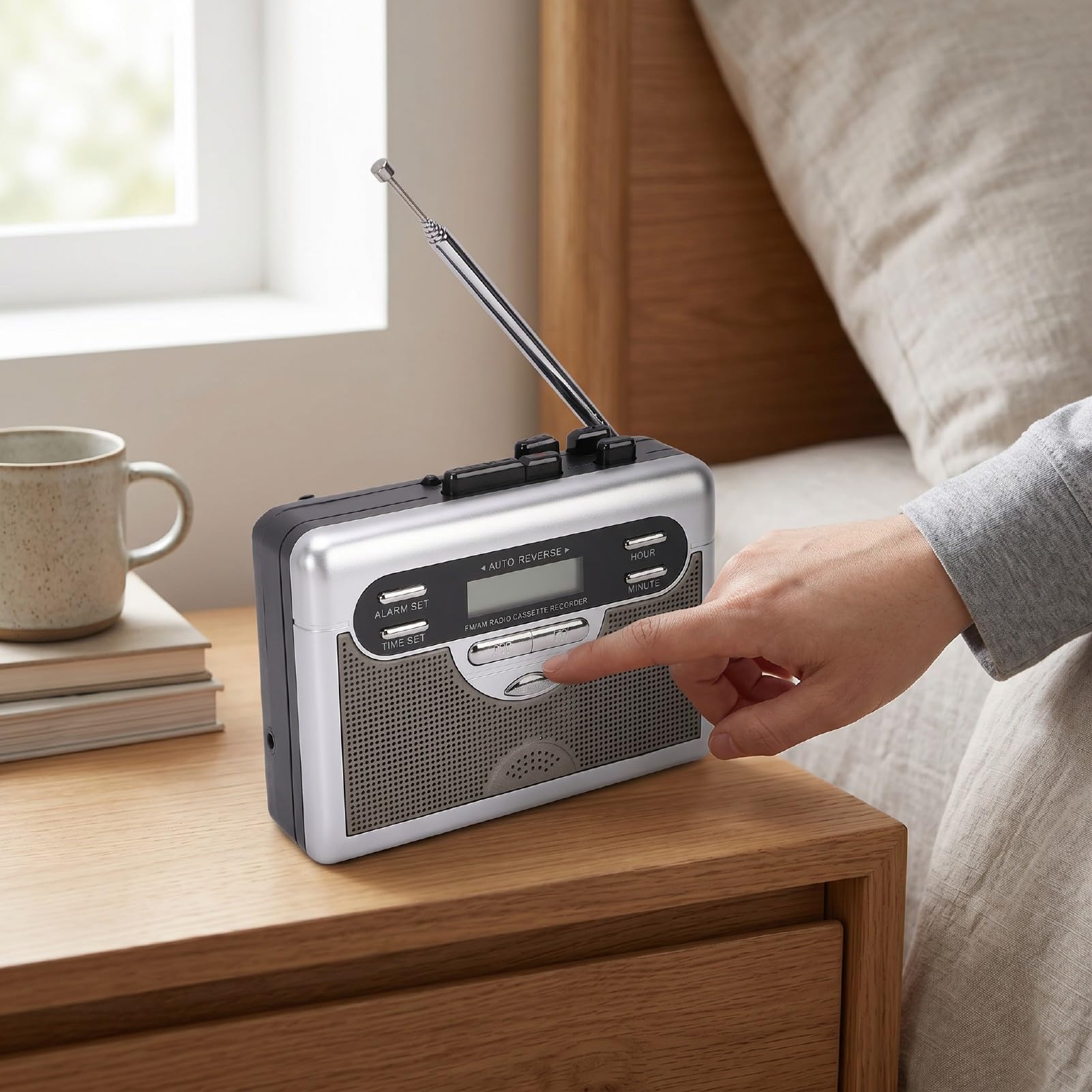 Przenośny Magnetofon Kasetowy z Radiem AM FM | Automatyczne Zatrzymanie / Bieg Wsteczny, Wbudowany Głośnik, Wyświetlacz LED, Zegar / Alarm, Słuchawki 3,5 Mm, Przenośny