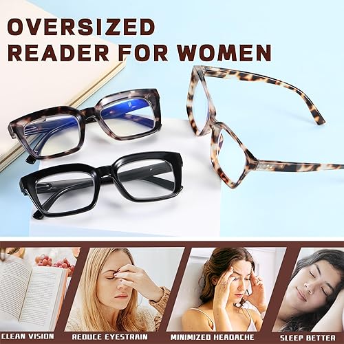 Miniatura 7 de Hubeye 3 pares de anteojos de lectura retro de gran tamaño con marco grande para mujeres y hombres, cuadrados, a la moda, estilo Oprah, bloqueo de