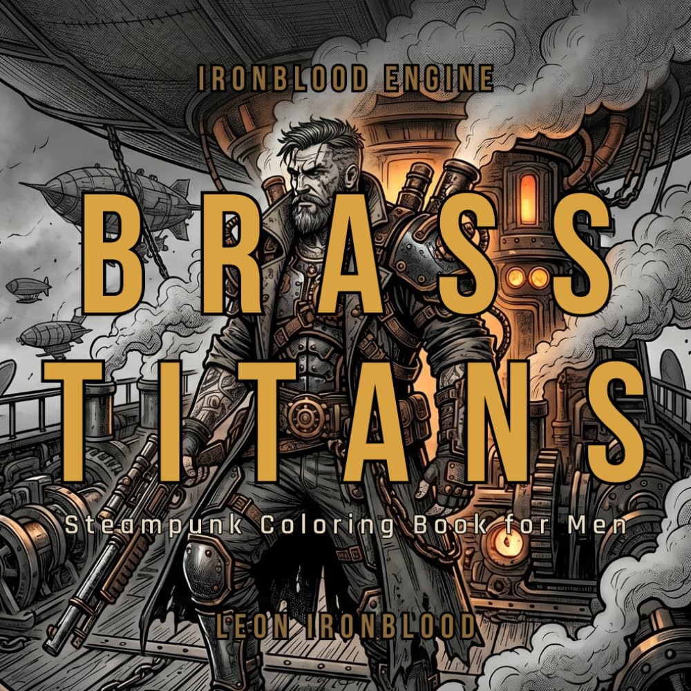 Brass Titans: Bold & Easy Steampunk Coloring Book for Adults Featuring Iron Warriors, Steam Machines, Airships, Tattooed Heroes, and Dark Fantasy Designs (IRONBLOOD ENGINE)