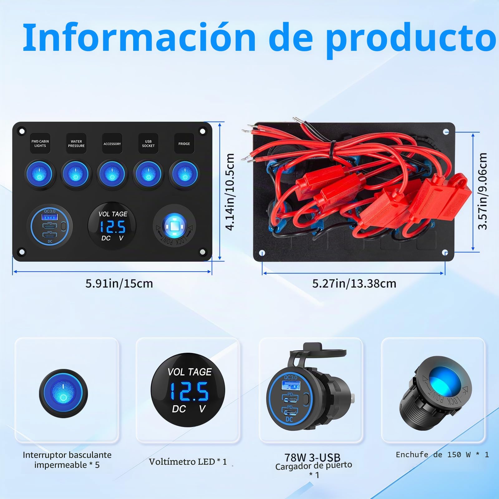 12V 24V 5 pandilla Interruptor Rocker ON OFF Panel de aluminio pre-cableado Impermeable con cargador coche triple puertos USB 78W, Voltmetro digital led y enchufador de cigarillos para coche barco