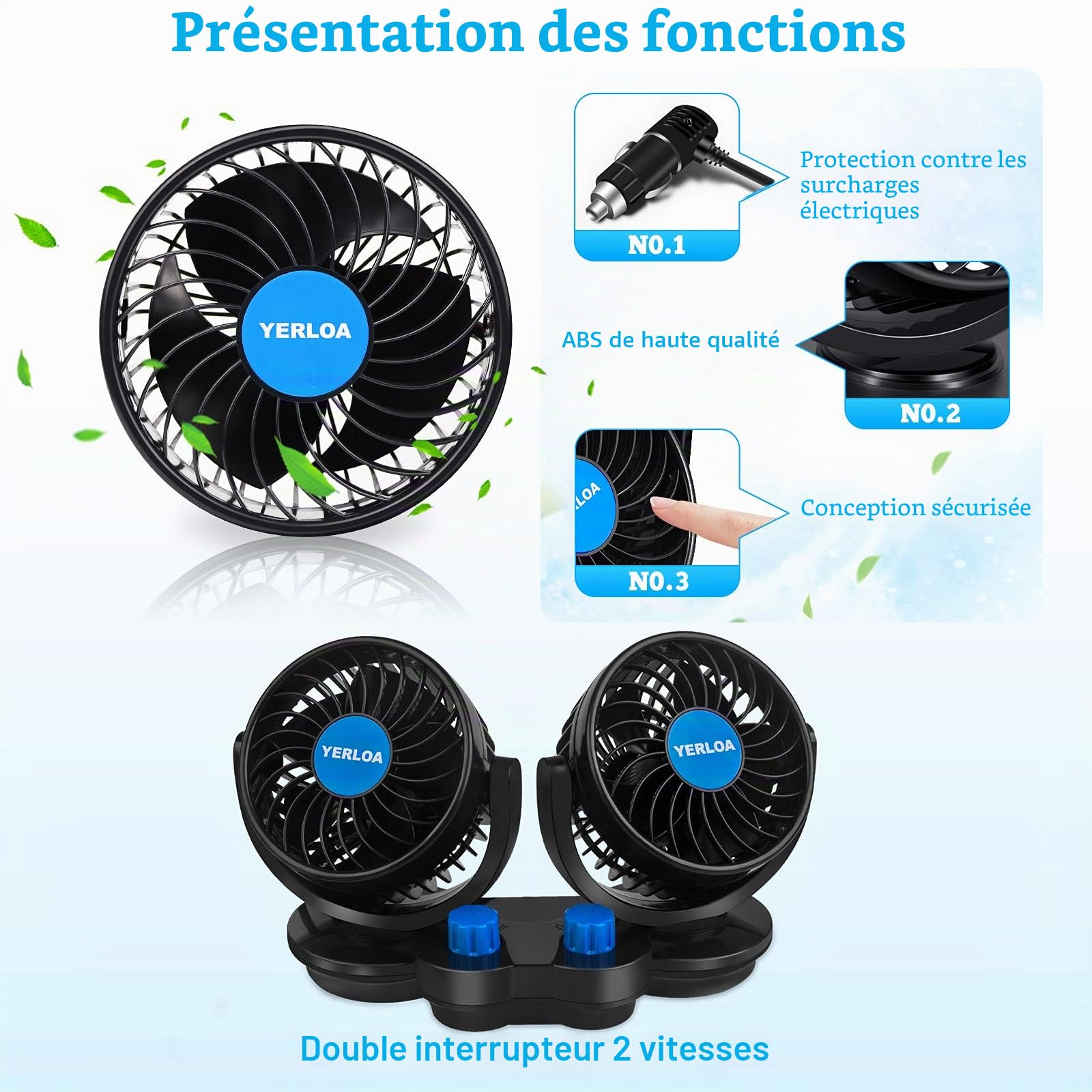 Yerloa Ventilateur Voiture 12V, Ventilateur Voiture de Voiture électrique avec Double tête Réglable à 360 Degrés, Ventilateurs de Refroidissement Silencieux pour SUV, Véhicules 2025 Nouveau