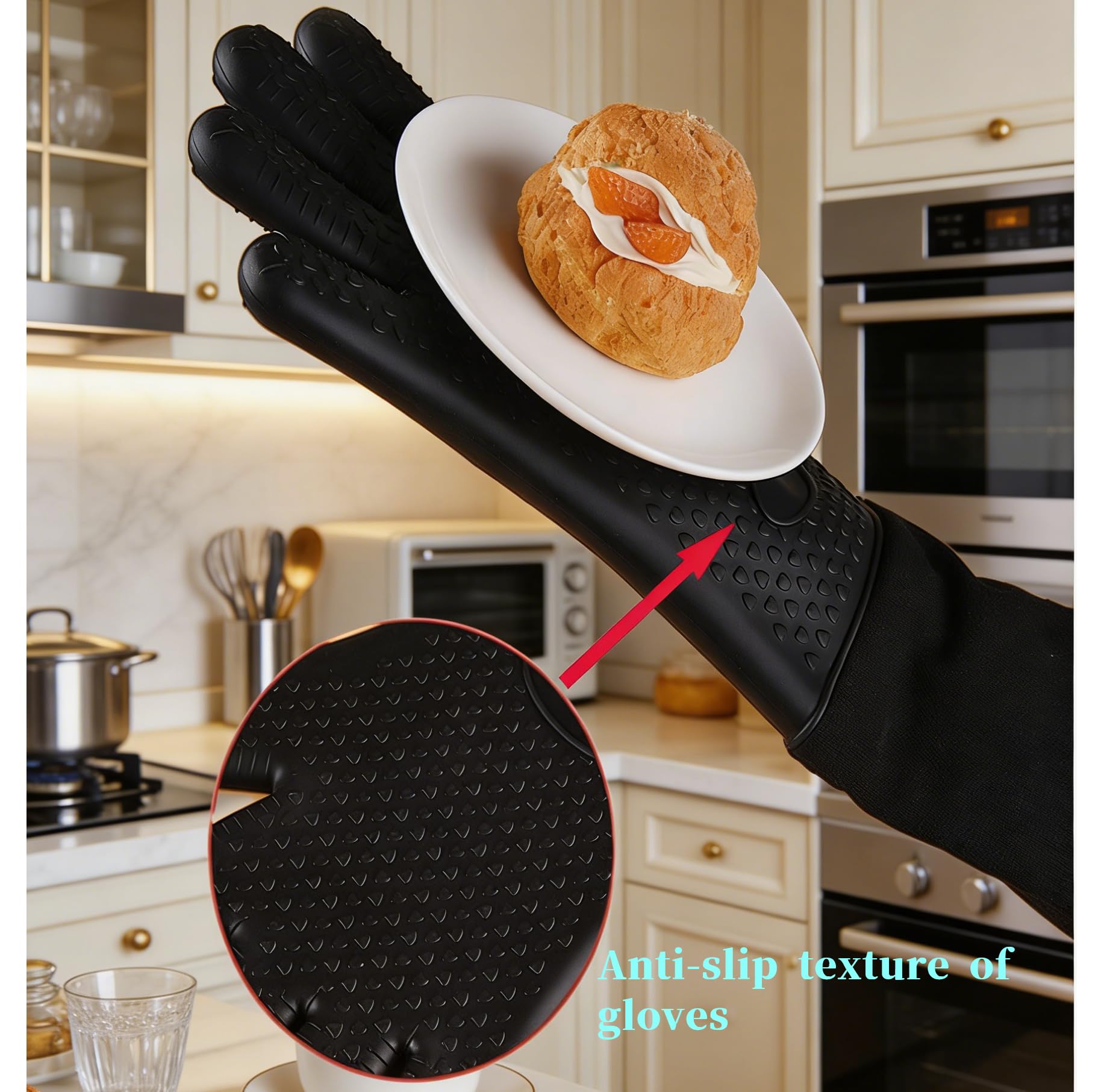 Guantes de silicona extra largos resistentes al calor (20 pulgadas), guantes de horno mejorados con silicona gruesa, antiquemaduras y anticongelante, guantes gruesos con forro de algodón para soportes