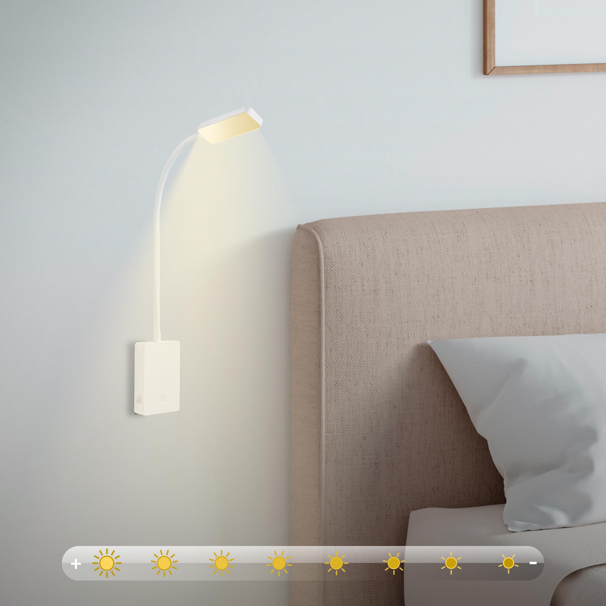 BRILONER - LED Leselampe ohne Stromanschluss und ohne Bohren mit Akku, Touch, dimmbar, warmweißes Licht, Wandleuchte, Wandlampe zum Kleben, Bettlampe, Leselicht, Nachttischlampe, 6x3x50 cm, Weiß