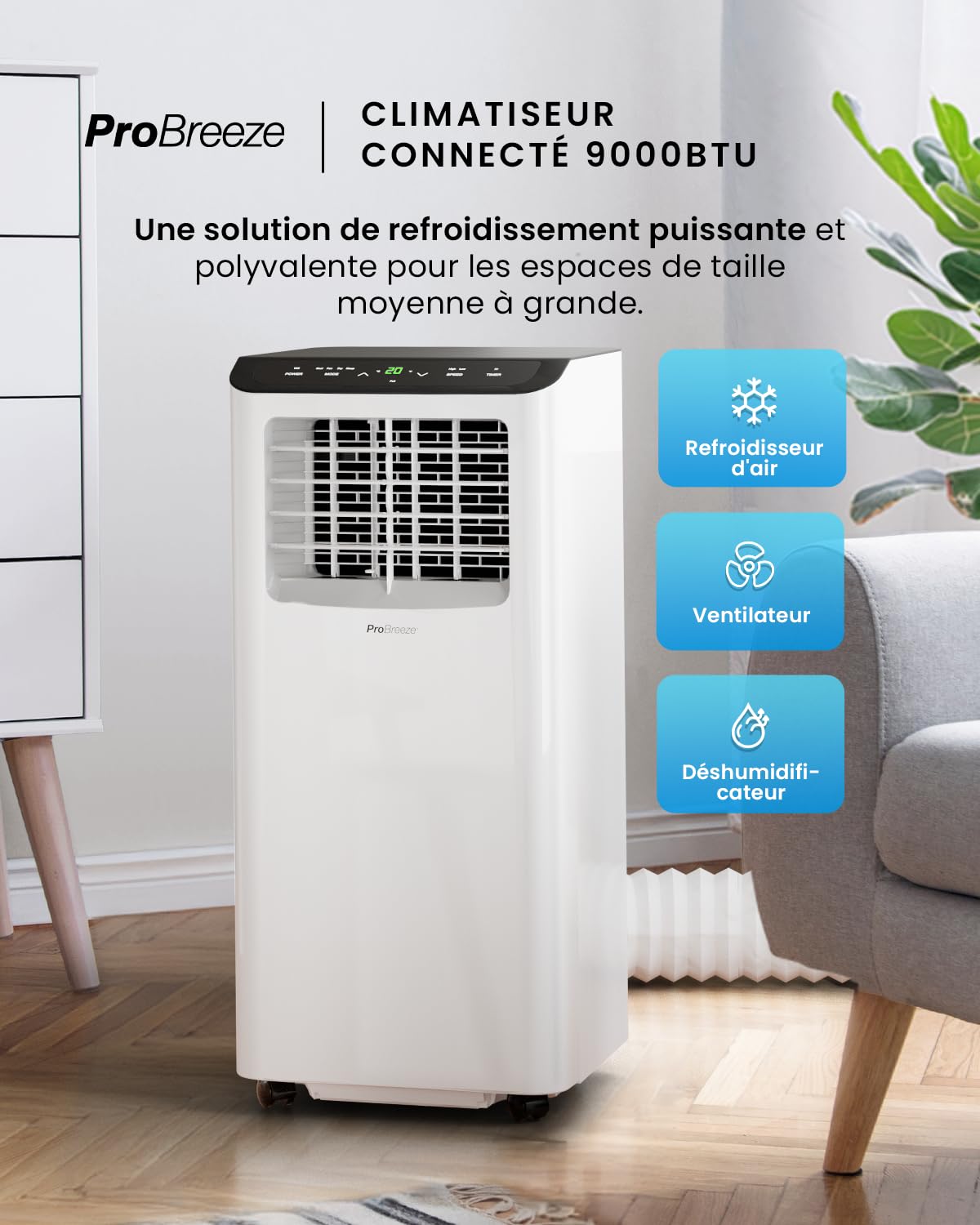Pro Breeze Climatiseur Mobile 4-en-1 9000 BTU - Clim Puissante compatible WiFi avec Application- Minuterie 24 heures, Télécommande et Kit Fenêtre inclus pour Chambre, Salon 22m² [Classe énergétique A]