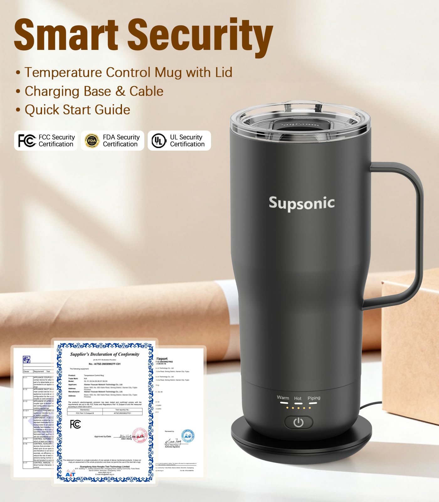 Supsonic - Tazza autoriscaldante da 590 ml, set scalda-tazza da caffè elettrico con spegnimento automatico, riscaldamento a temperatura ricaricabile per bevande, caffè a casa e all'aperto, tazza da