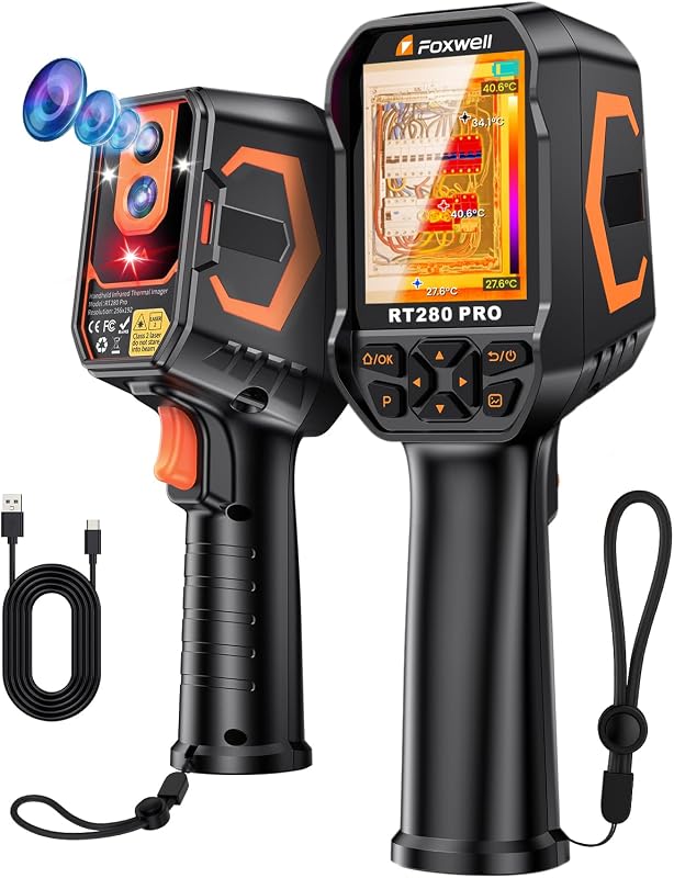 FOXWELL RT280 PRO Thermal Imaging Camera, Dual-Lens, 512 x 384 TISR | 640 x 480 Imaging Resolution, -4°F~1022°F, 2MP Visual Camera, Handheld Infrared Imager with Laser, PC Analysis, Photo & Video