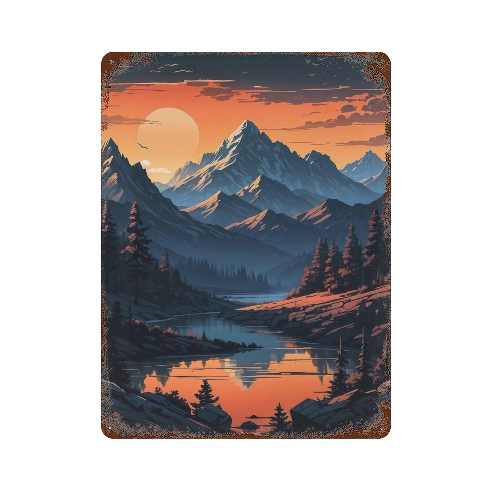 Sunset in The Mountains Rusty Metal Tin Sign 15.7"x11.8", Ideal for Farmhouse, Kitchen And Entryway Decor