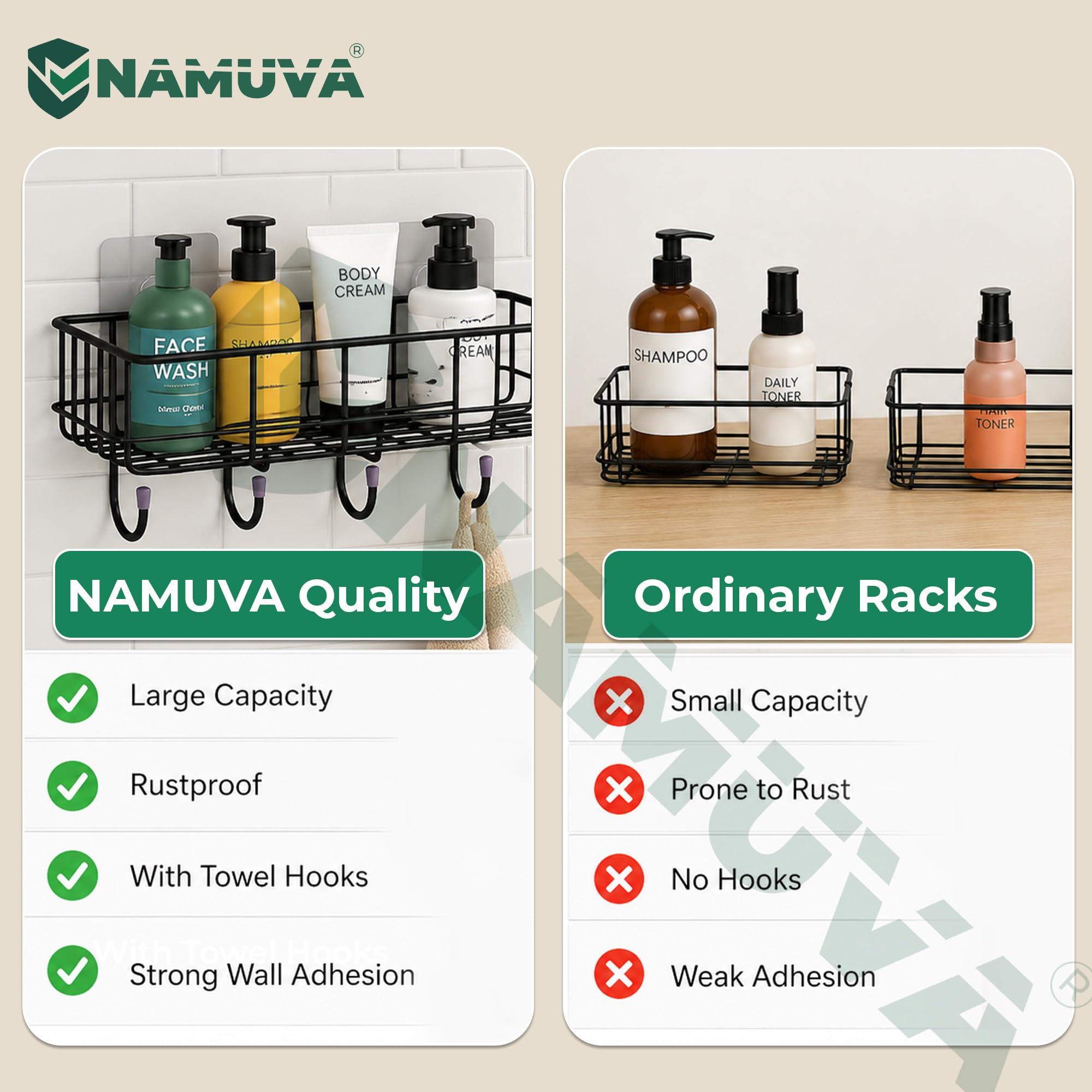 NAMUVA Self Adhesive Stainless Steel Bathroom Shelf with 4 Hooks | Black — Amazon image 6