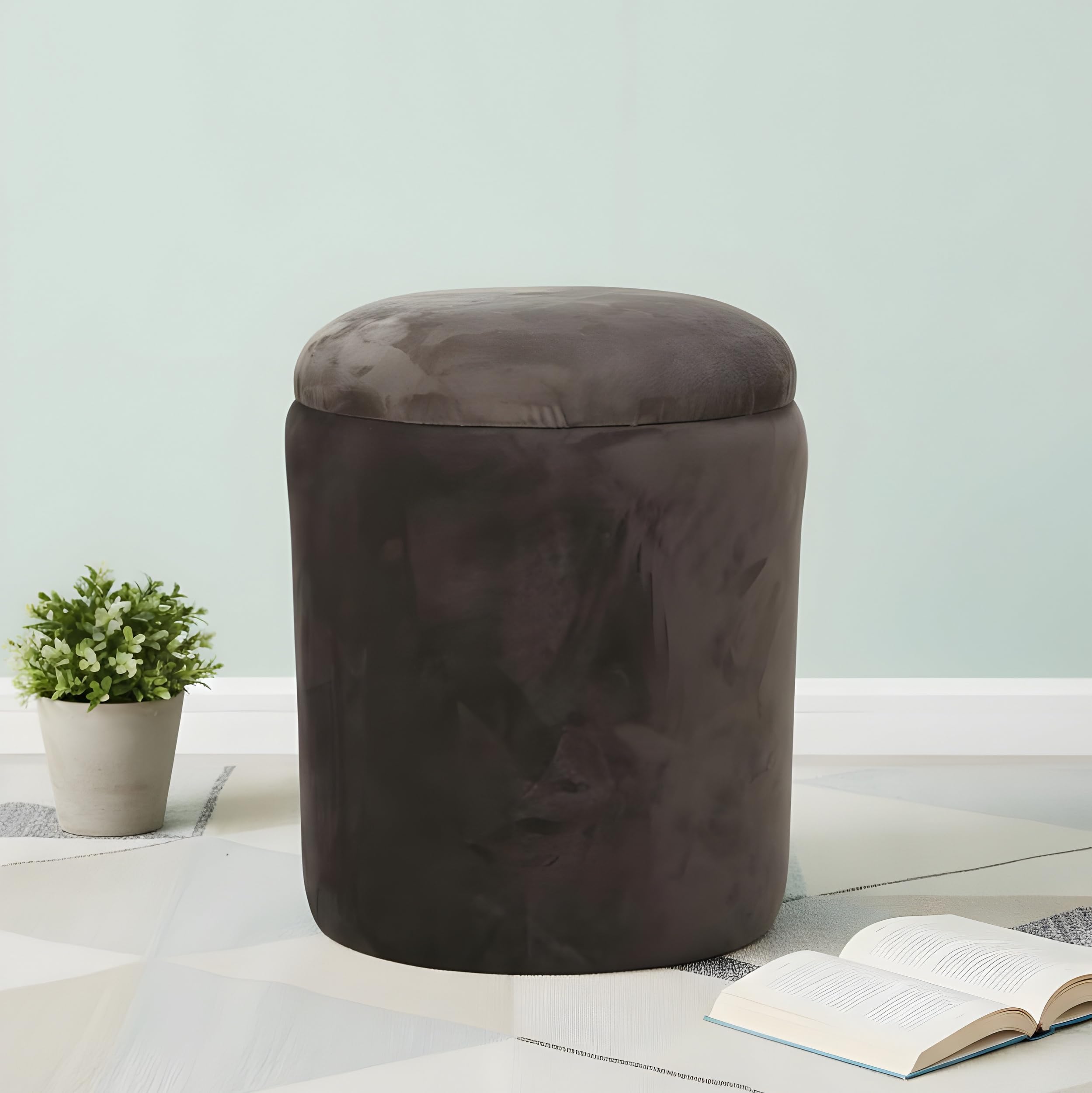 Ikiriya Wayne Solid Wood Accent Round Ottoman/Pouffee/Pouf Stool/Stool in Taupe Brown Velvet Upholstery for Living Room | Drawing Room | Bedroom | Hallway | Balcony | Home | Dining Room-image-27