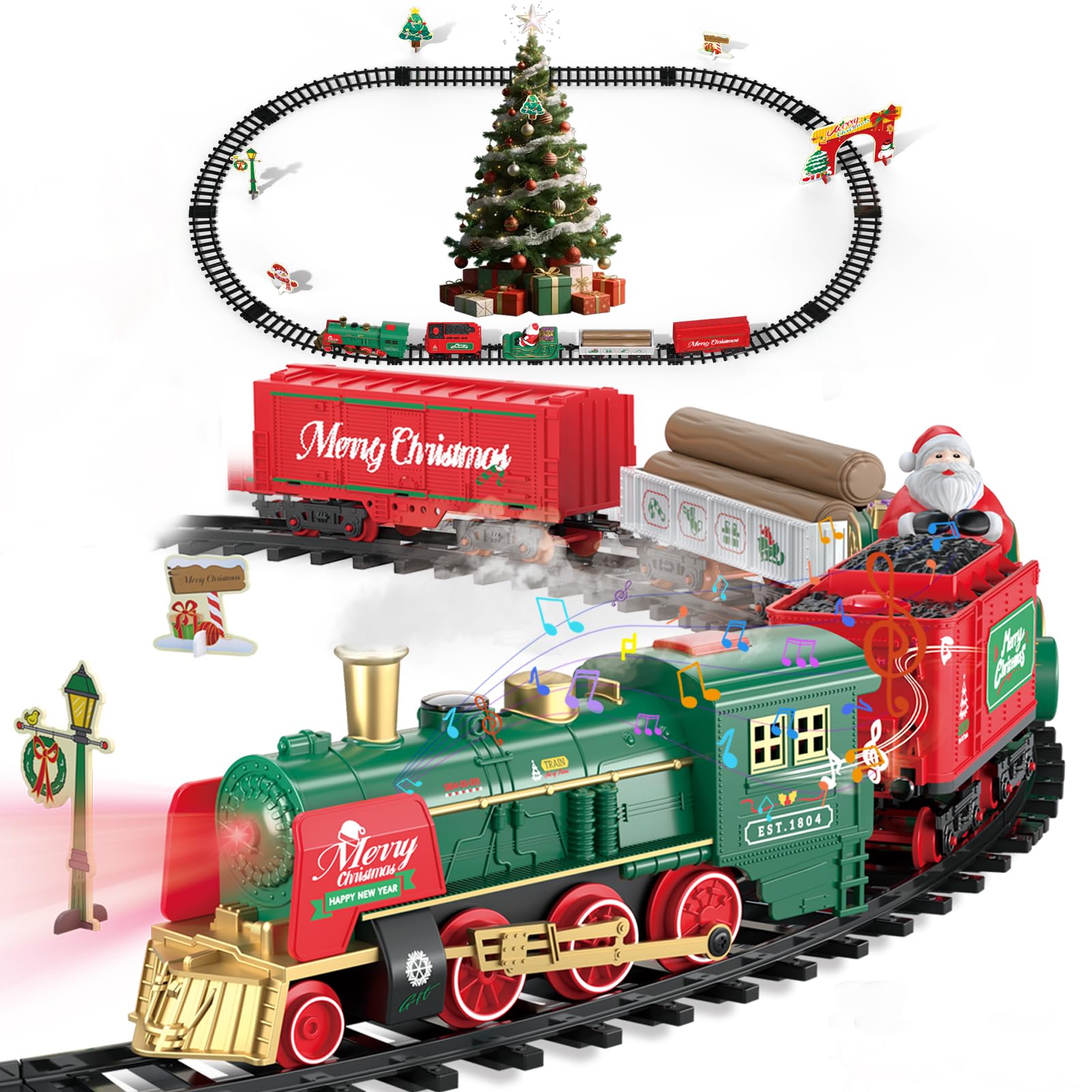 CHEELBORSI Christmas Train Set with Smokes, Light and Sounds, Train Sets for Under Christmas Tree, Electric Train Toys for 3 4 5 6 7 8 Kids Adults Steam Train Toy