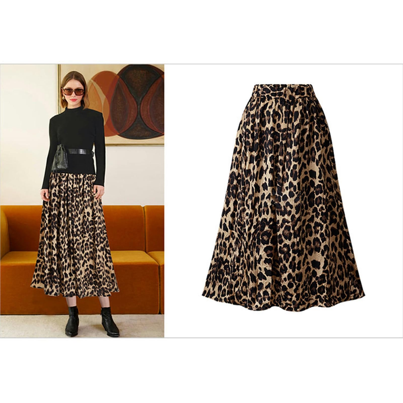 Gonna Donna Gonna Midi da Donna Taglie Forti - Gonna Lunga in Velluto Dorato A Trapezio con Stampa Leopardata per Autunno E Inverno-Leopardo-s